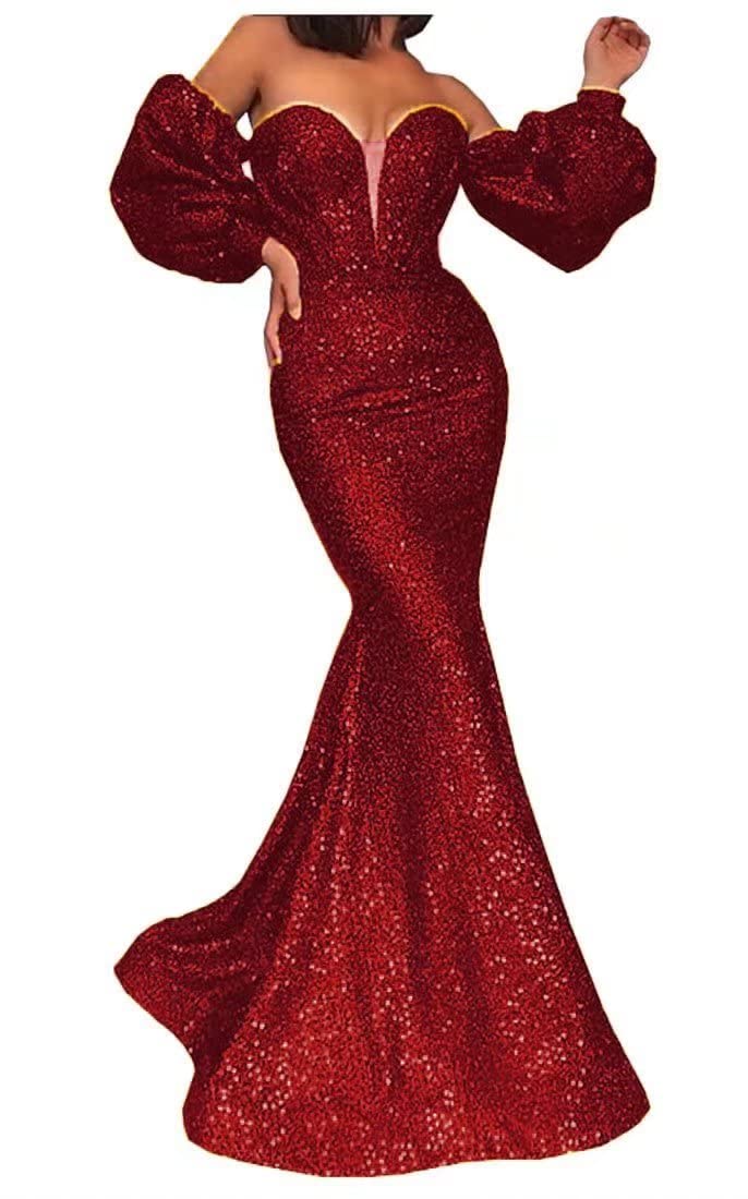 Sparkly Off Shoulder Sequin Prom Dress 2024 - Long Puffy Sleeve Mermaid Evening Gown for Women | Perfect for Formal Dances, Weddings & Special Occasions