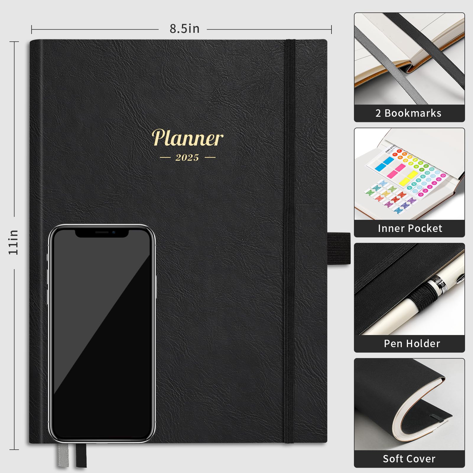 2025-2026 Weekly & Monthly Planner - 15 Month Calendar from Jan 2025 to Mar 2026, A4 Size 8.5x11 Inches with 14 Notes Pages, Vegan Leather Soft Cover & Inner Pocket - Perfect for Work, School & Personal Organization (Black)