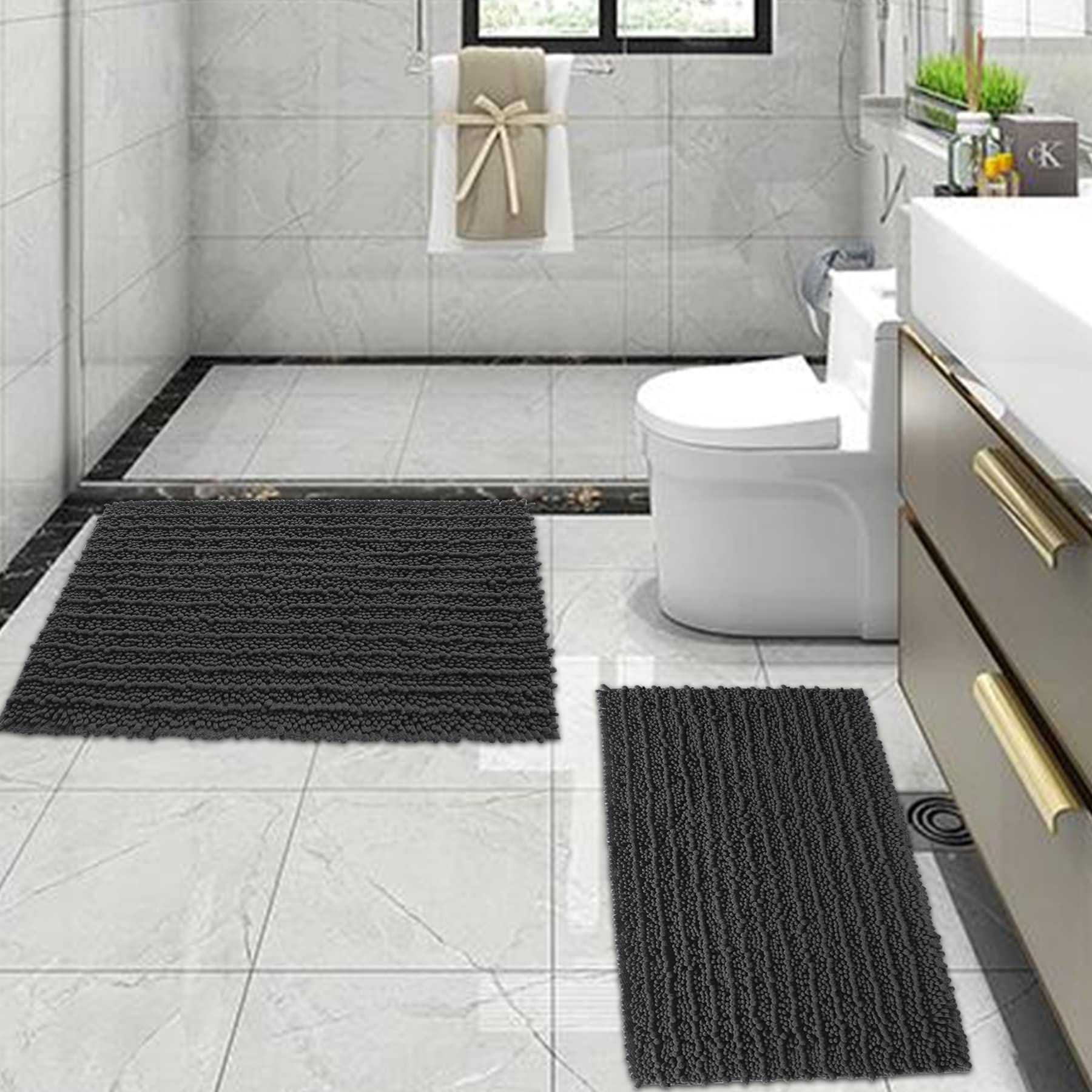 Velocvil 2-Piece Luxury Chenille Bathroom Rug Set - Super Absorbent, Non-Slip Bath Mats for Bathroom & Bedroom Floor - Machine Washable, Dark Grey - Perfect for Spa-Like Comfort and Safety