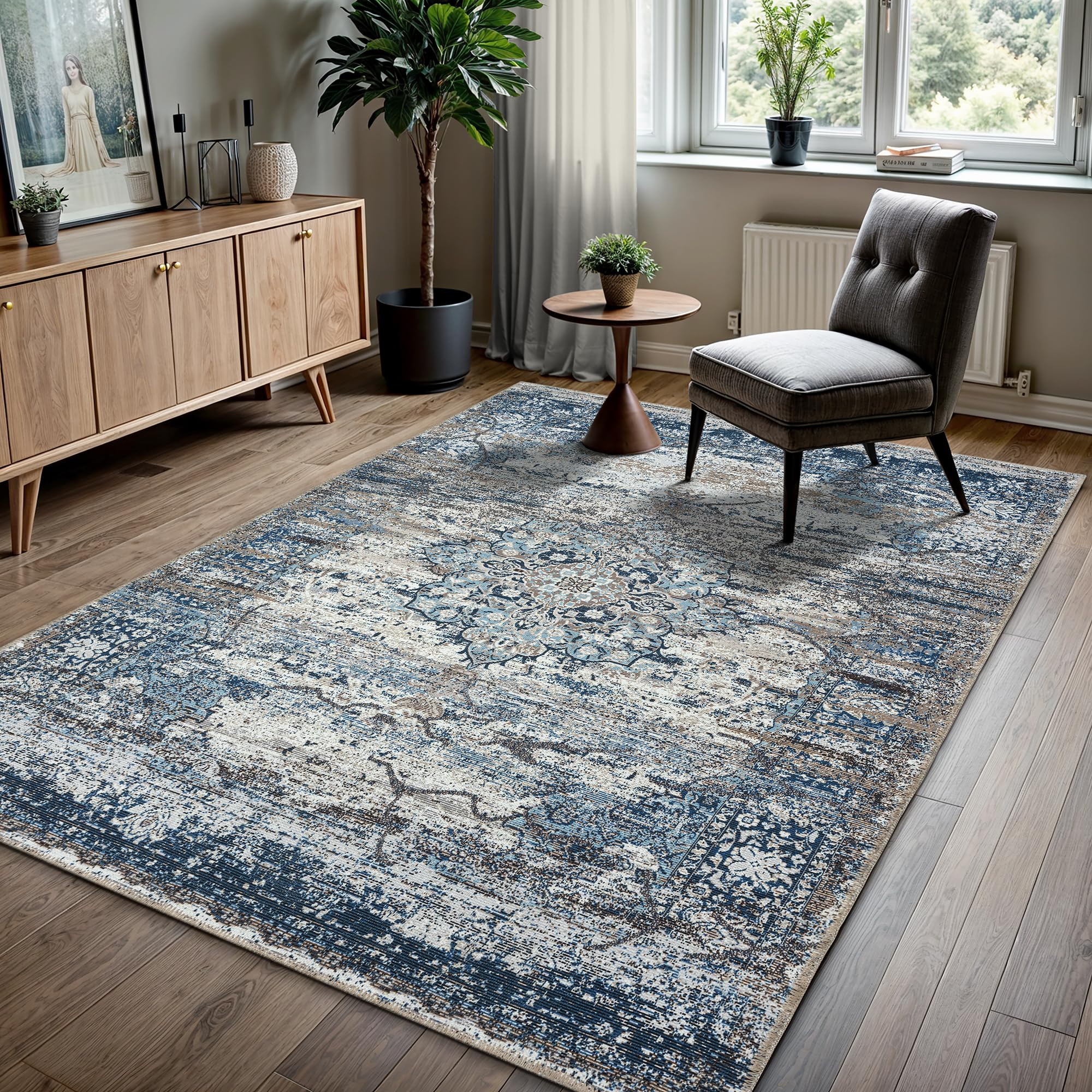 GLN Rugs Vintage Collection - Machine Washable Non-Slip Area Rug for Living Room, Bedroom & Bathroom - Low Pile Easy Clean Vintage Rug in Navy Blue & Gray (9'5