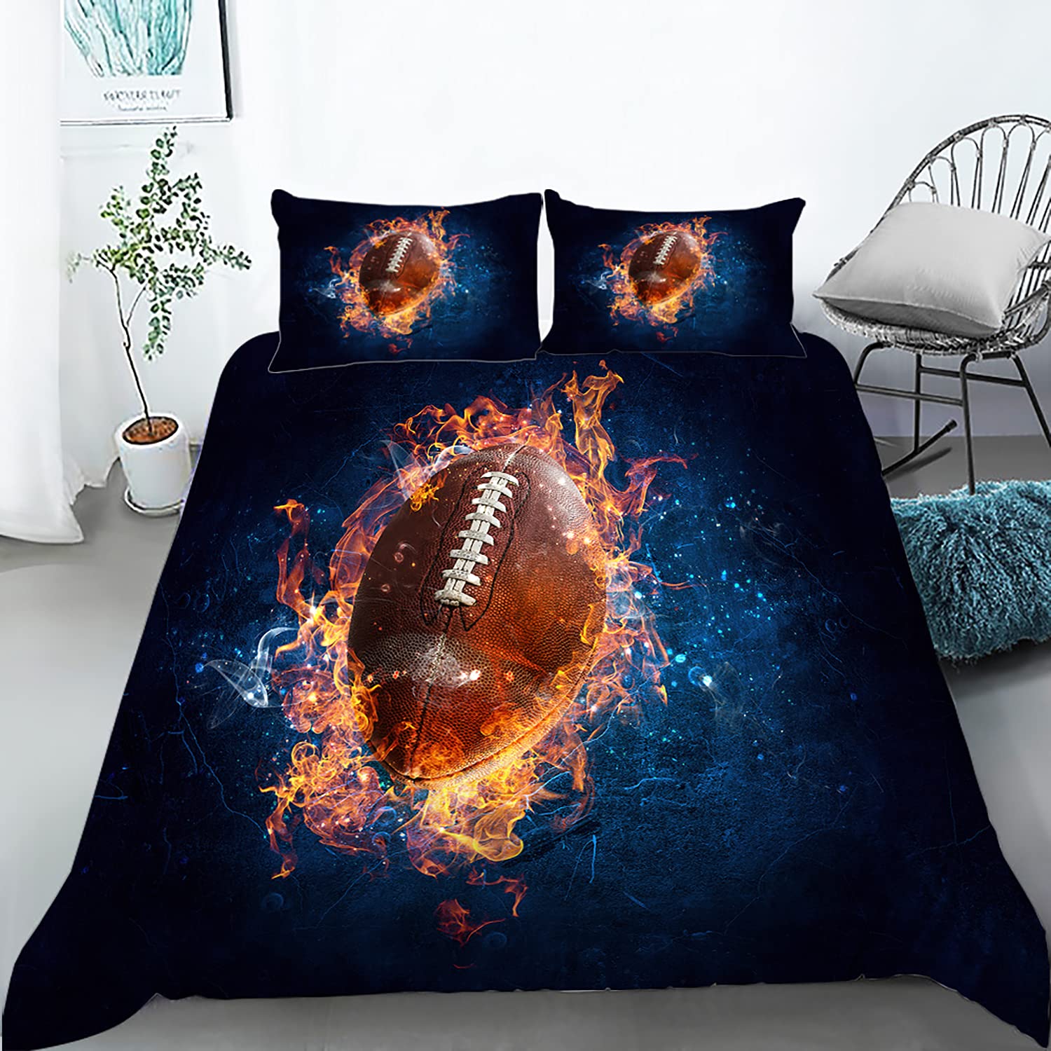 AILONEN Football & Basketball Bedding Set for Teen Boys - Sport Themed Duvet Cover, Comforter Cover Queen Size - 3 Piece Set (1 Quilt Cover + 2 Pillowcases) - Perfect for Sports Lovers' Bedroom Decor & Teen Room Theme