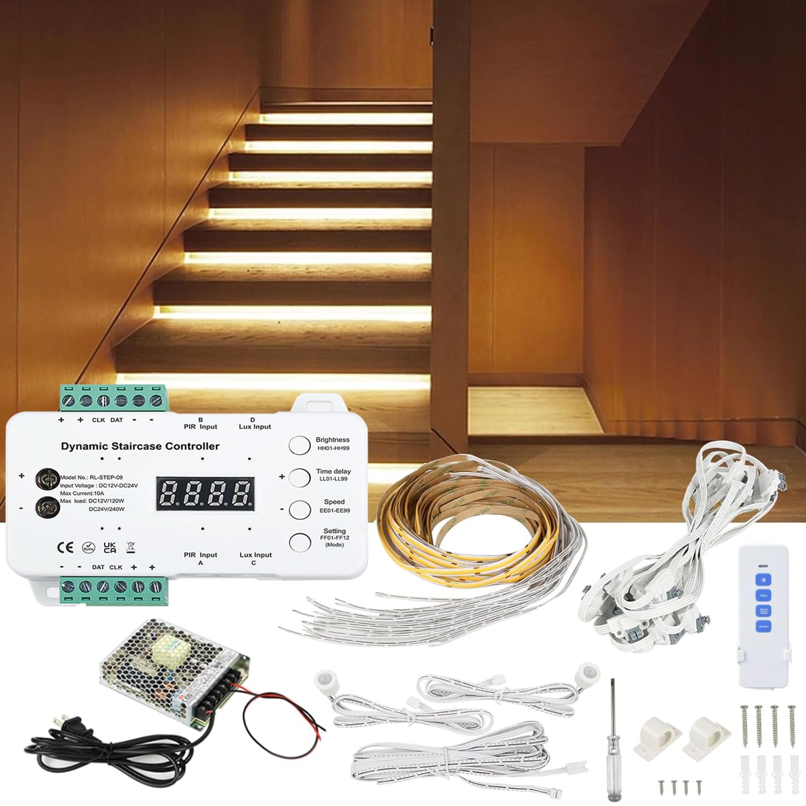 Indoor LED Stair Lights with Motion Sensor - COB LED Strip Lighting Kit for Staircase, Remote Controlled Step Lights for Home Safety & Modern Decor | Perfect for Hallways, Basements, and New Construction Projects