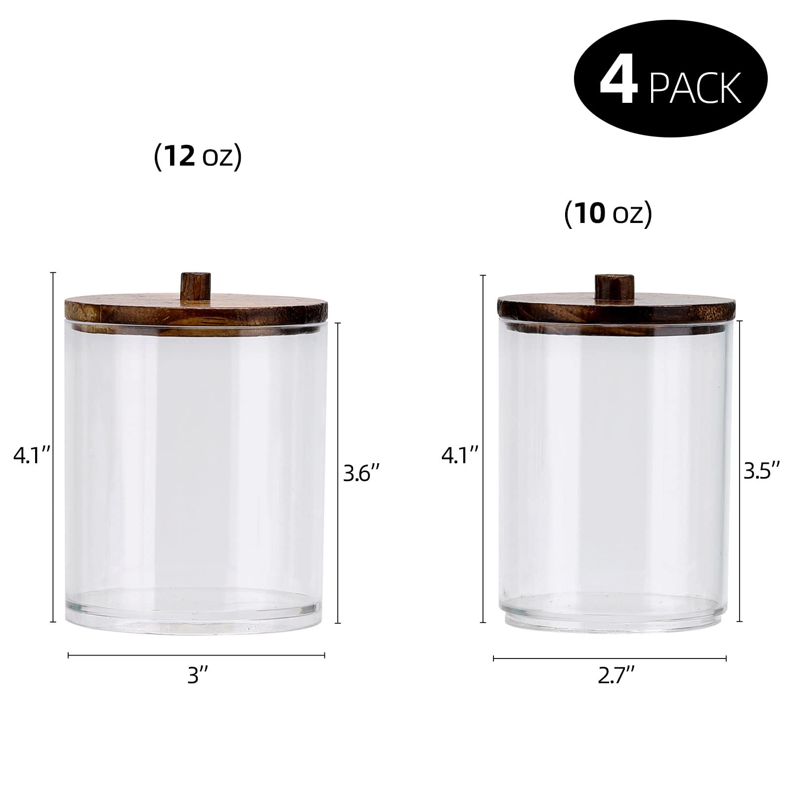 Tbestmax 4-Pack Clear Plastic Apothecary Jars with Brown Wood Lids - 12oz & 10oz Cotton Swab Holder Dispenser for Q-Tips, Cotton Balls & Dental Floss - Bathroom Organizer & Storage Containers for Countertop Vanity, Makeup Brushes & Beauty Essentials