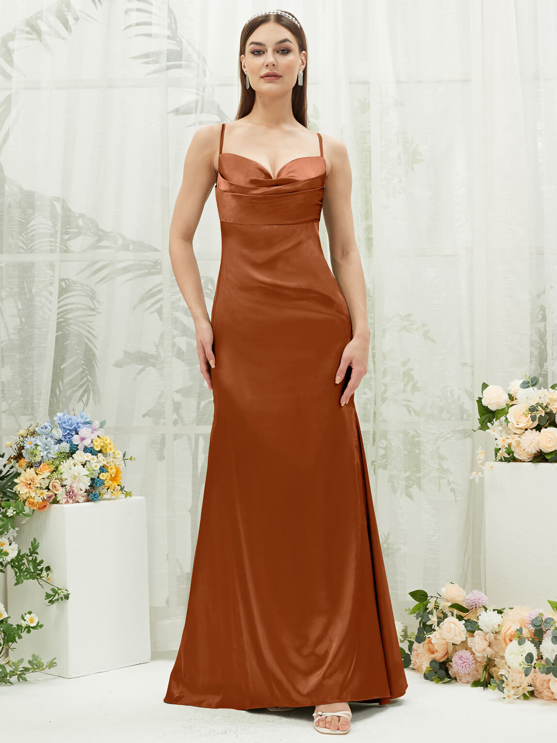 Elegant Cooper Satin Cowl Neck Adjustable Straps Backless Long Bridesmaid Dress - Perfect for Weddings, Formal Events & Evening Parties
