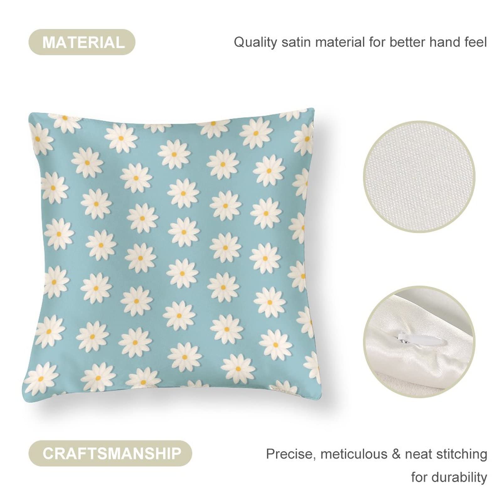 Blue and White Daisy Satin Pillow Covers 16x16 Inch - Summer Cooling Decorative Throw Pillows with Hidden Zipper for Sofa, Bed, Couch - Home Decor Gift for Women, Teachers, Housewarming