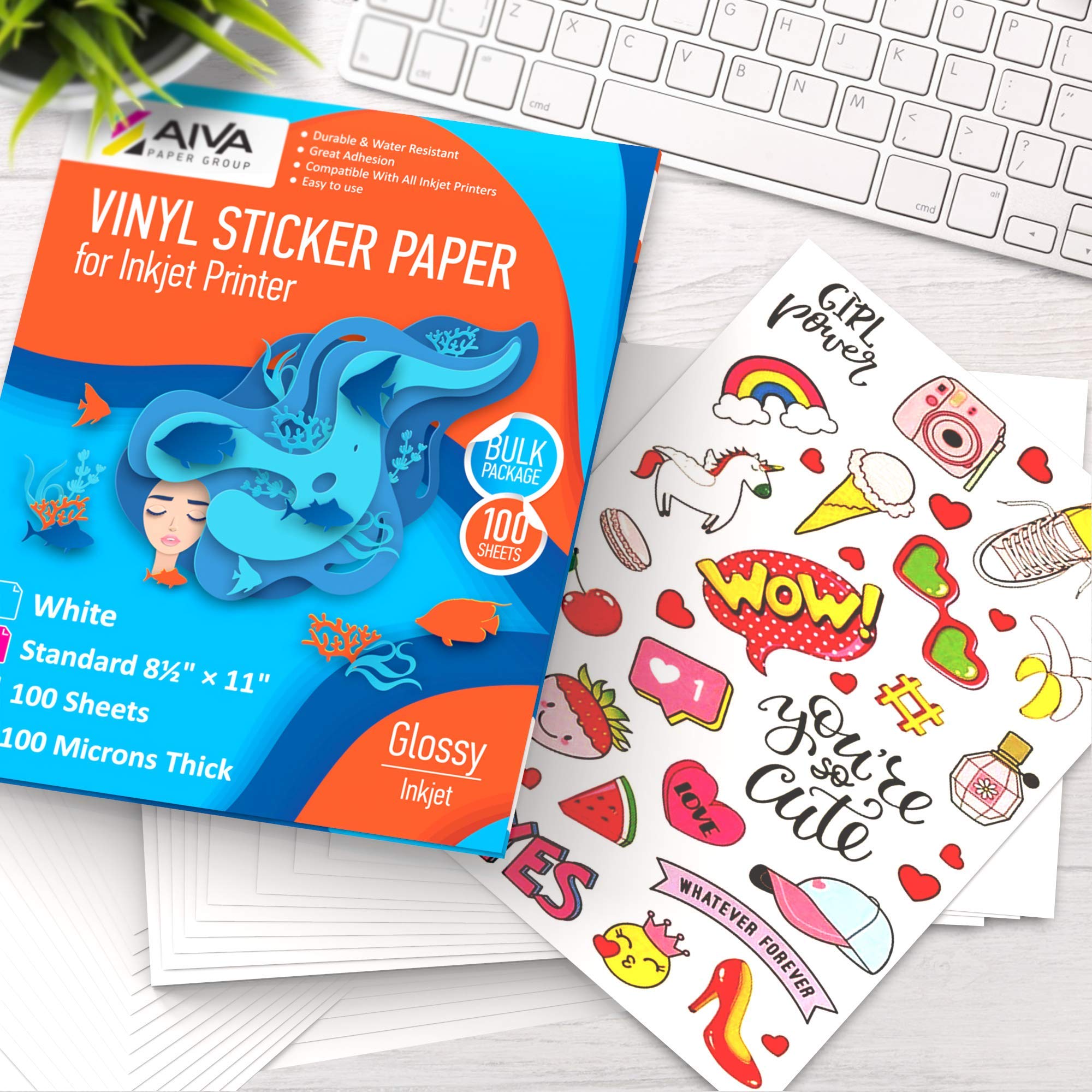 Waterproof Printable Vinyl Sticker Paper for Inkjet Printers - 100 Self-Adhesive Sheets, Glossy White, 8.5