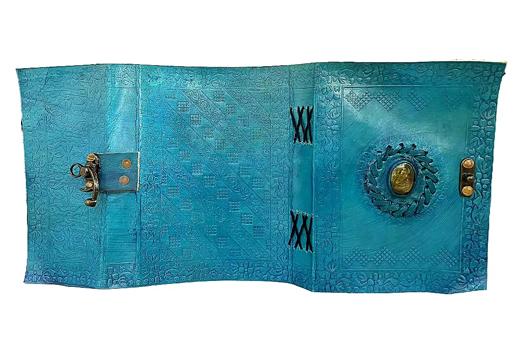 Handmade Leather Journal - 5 x 7 Inch Unlined Blank Book Grimoire, Book of Shadows & Spell Book with Turquoise Tiger Eye Cover | Perfect for Wiccan Rituals, Witchcraft, Journaling & Gift Giving