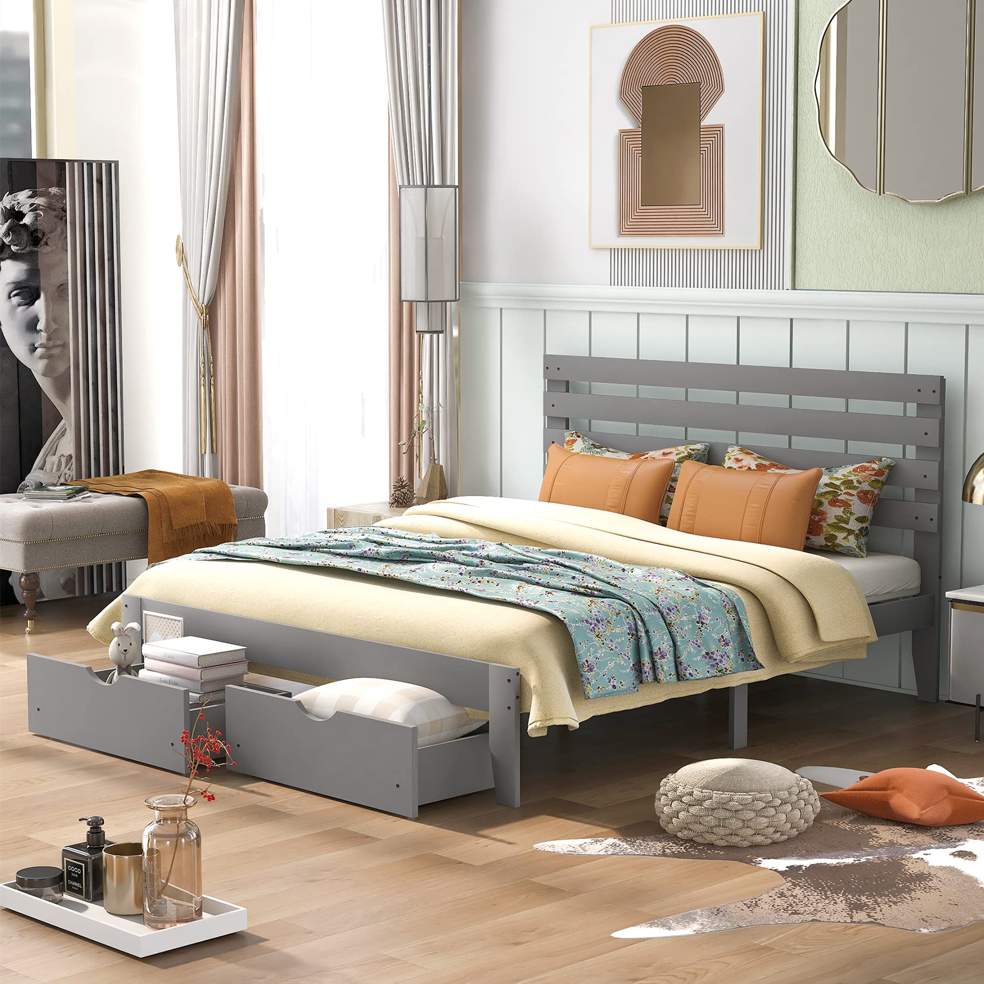 Harper & Bright Grey Wood Queen Bed Frame with Storage & Headboard for Kids Bedroom
