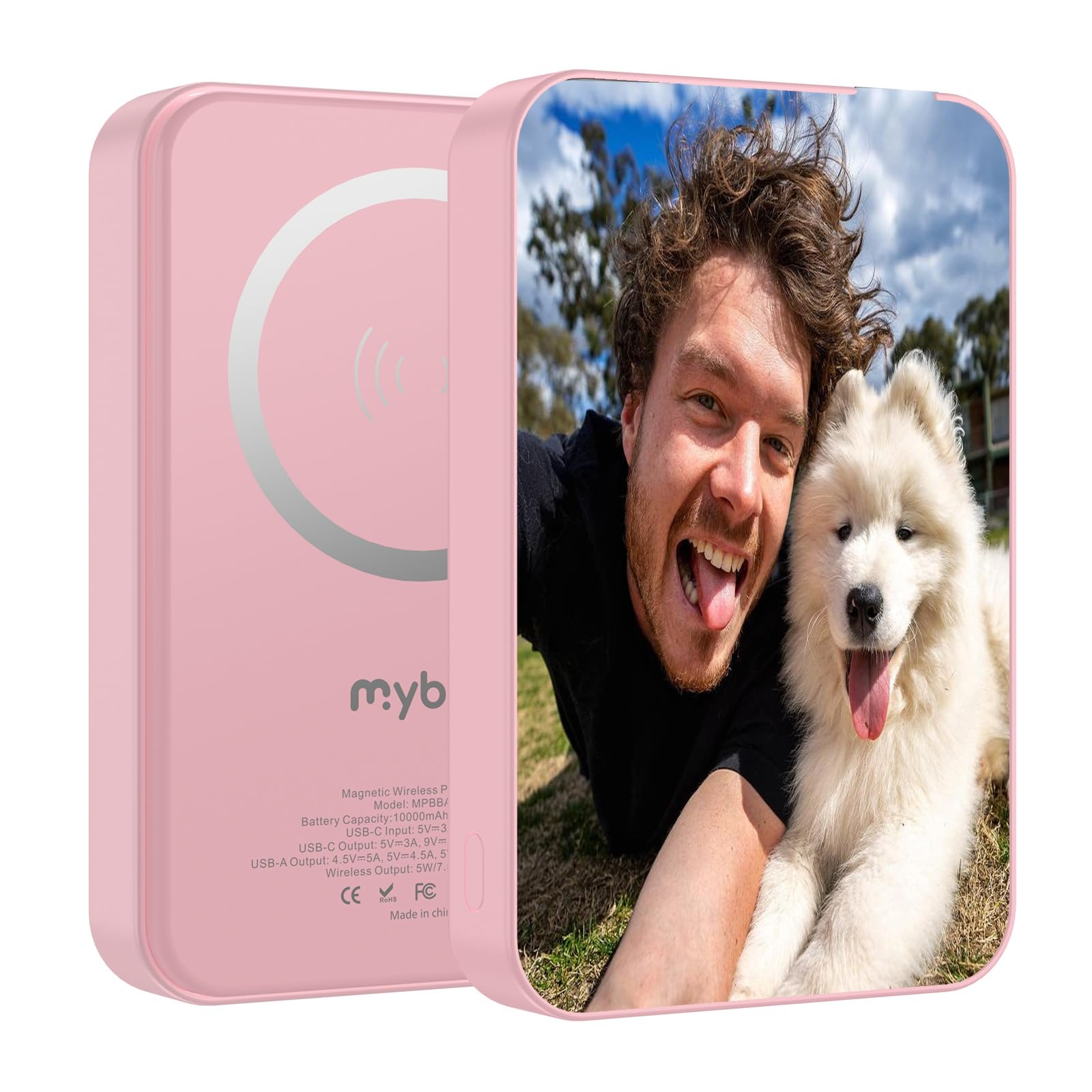 MYBAT Custom Photo Wireless Power Bank 10000mAh - Magnetic Portable Charger with MagSafe, Ultra Slim Design, 20W USB-C Fast Charging - Perfect for iPhone, Travel & Customized Gifts (Pink)
