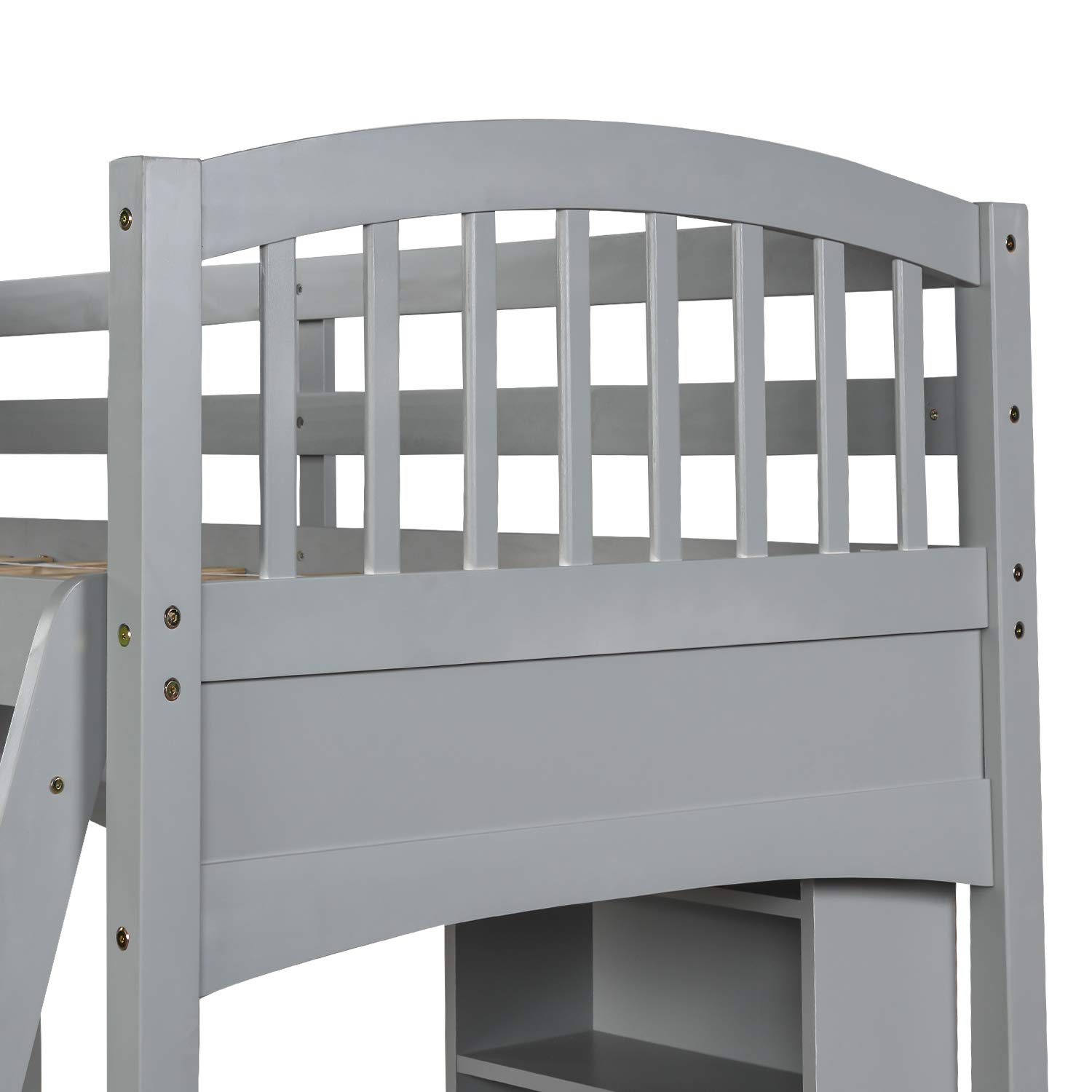 Merax Twin Size Loft Bed with Storage Shelves, Desk & Ladder - Space-Saving Gray Study Bed for Kids & Teens - Perfect for Small Bedrooms, Dorms & Apartments
