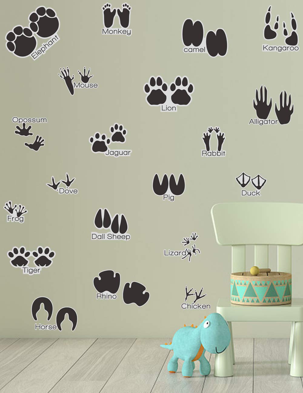 Animal Tracks Wall Decals (20-Piece Set) - Removable Peel & Stick Vinyl Stickers for Kids Room, Nursery, Classroom - Black Wildlife Footprint Decoration for Home Decor & Learning Activities