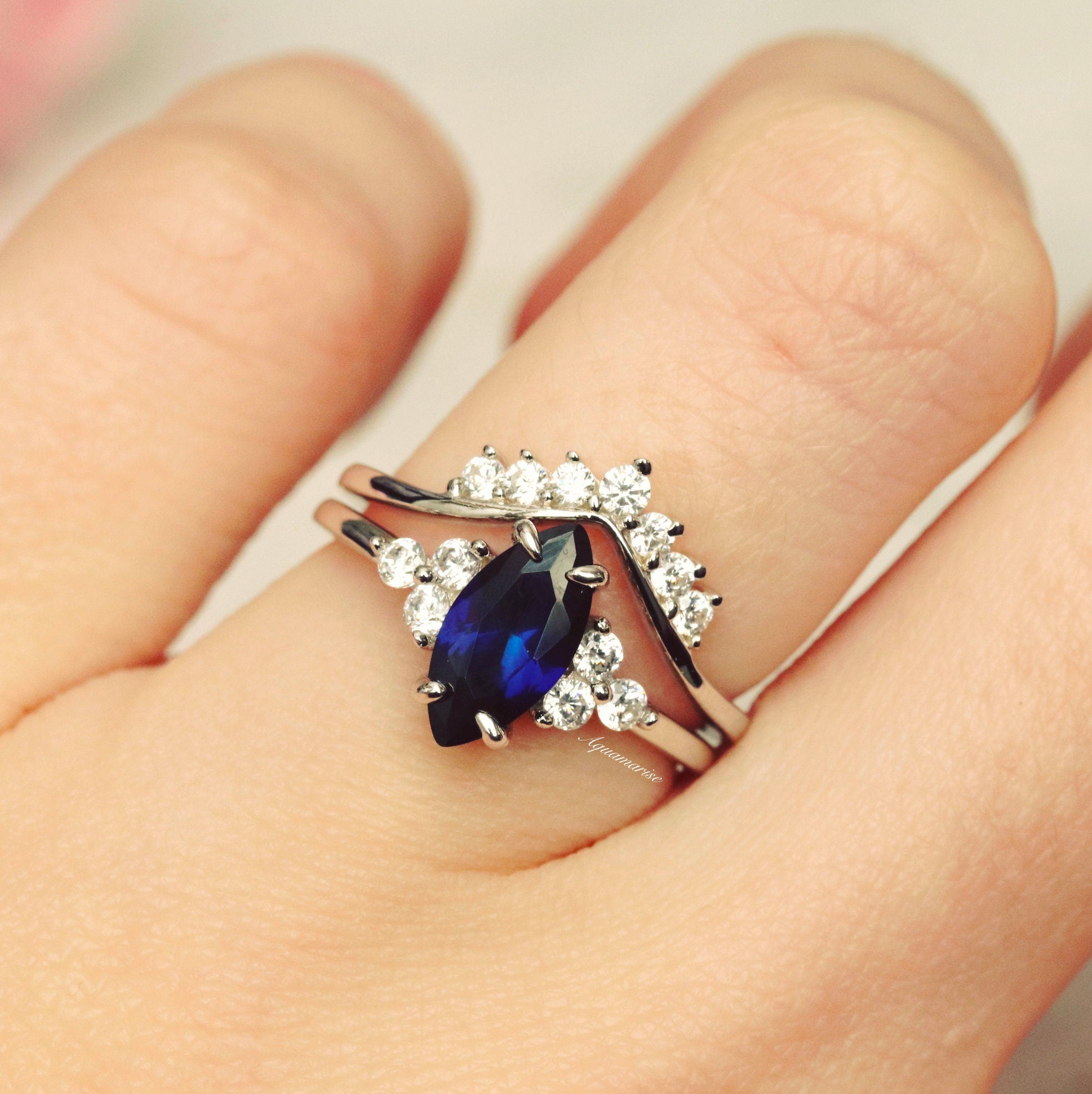 Nadia Marquise Blue Sapphire Bridal Ring Set - Sterling Silver Wedding Band for Women, Elegant Engagement & Promise Ring - Perfect for Proposals, Anniversaries & Special Occasions