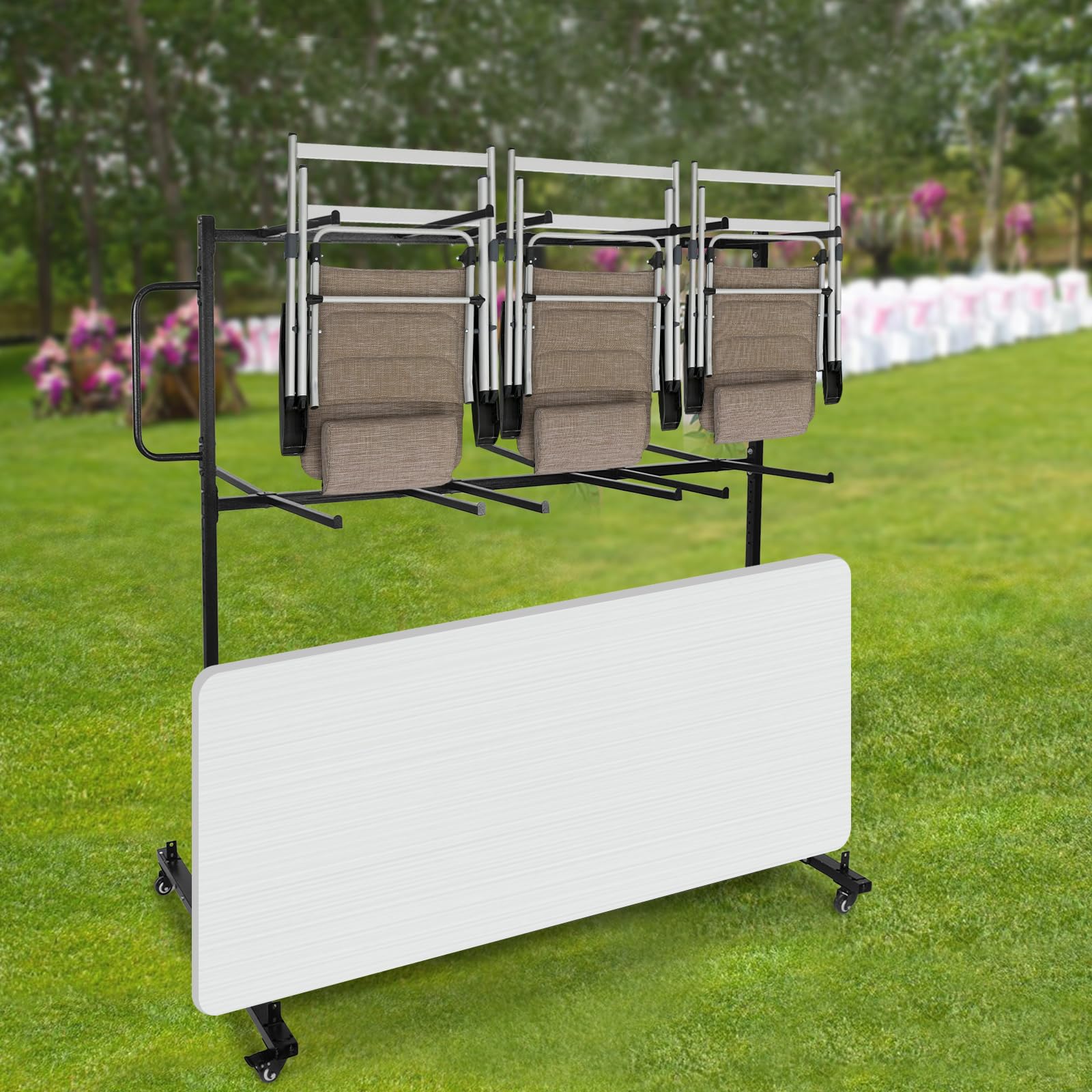 2-Tier Folding Chair Cart with Wheels - Heavy Duty Commercial Storage Rack for 84 Chairs & Tables - Locking Casters for Stability - Ideal for Hotels, Meeting Rooms, Events & Banquets (33.5 x 63 x 71.65 Inches) - Space-Saving Solution for Conference Centers, Churches & School Auditoriums