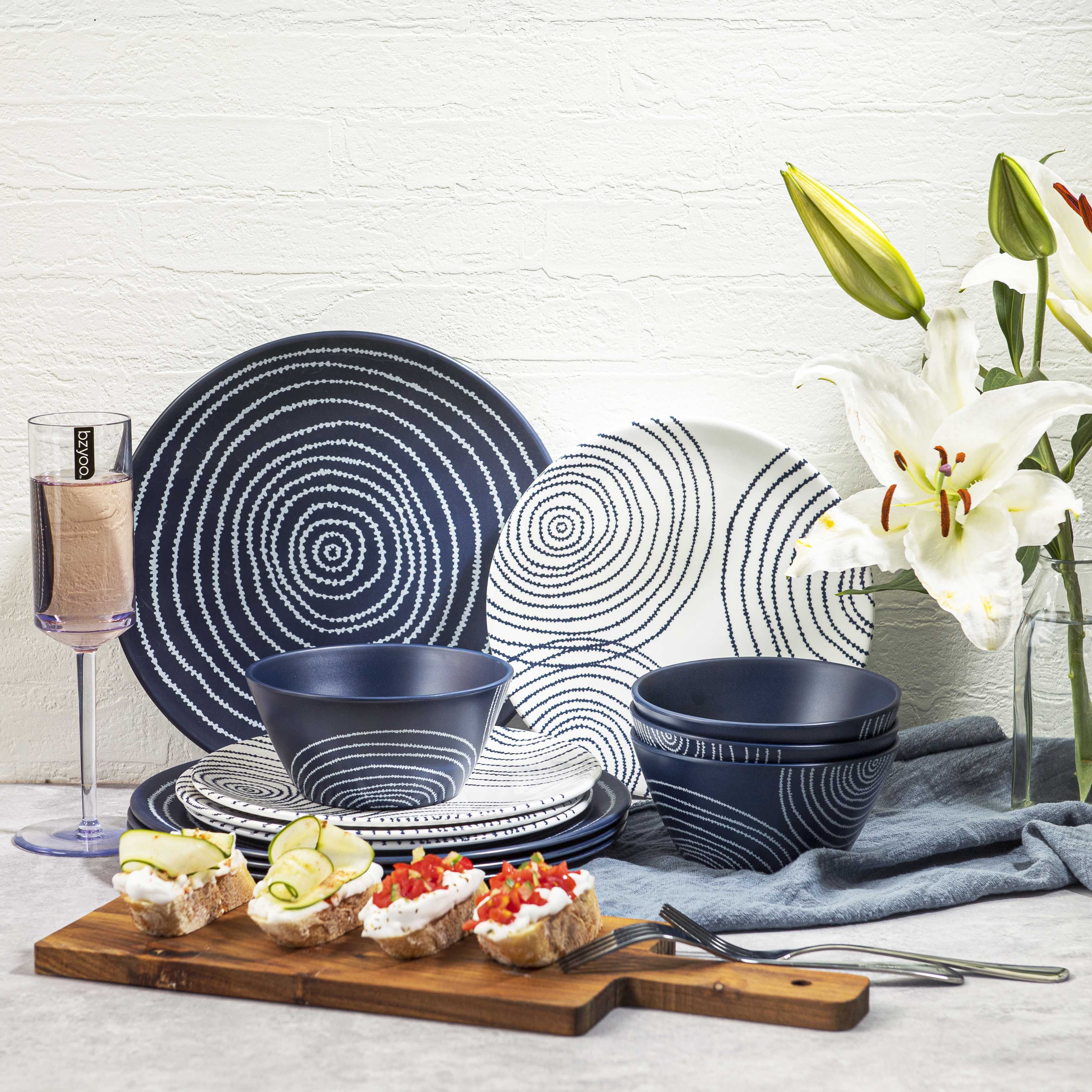 12-Piece Planet Melamine Dinnerware Set - French Navy Blue Plates & Bowls for Outdoor Picnics, Camping, and Durable Everyday Use