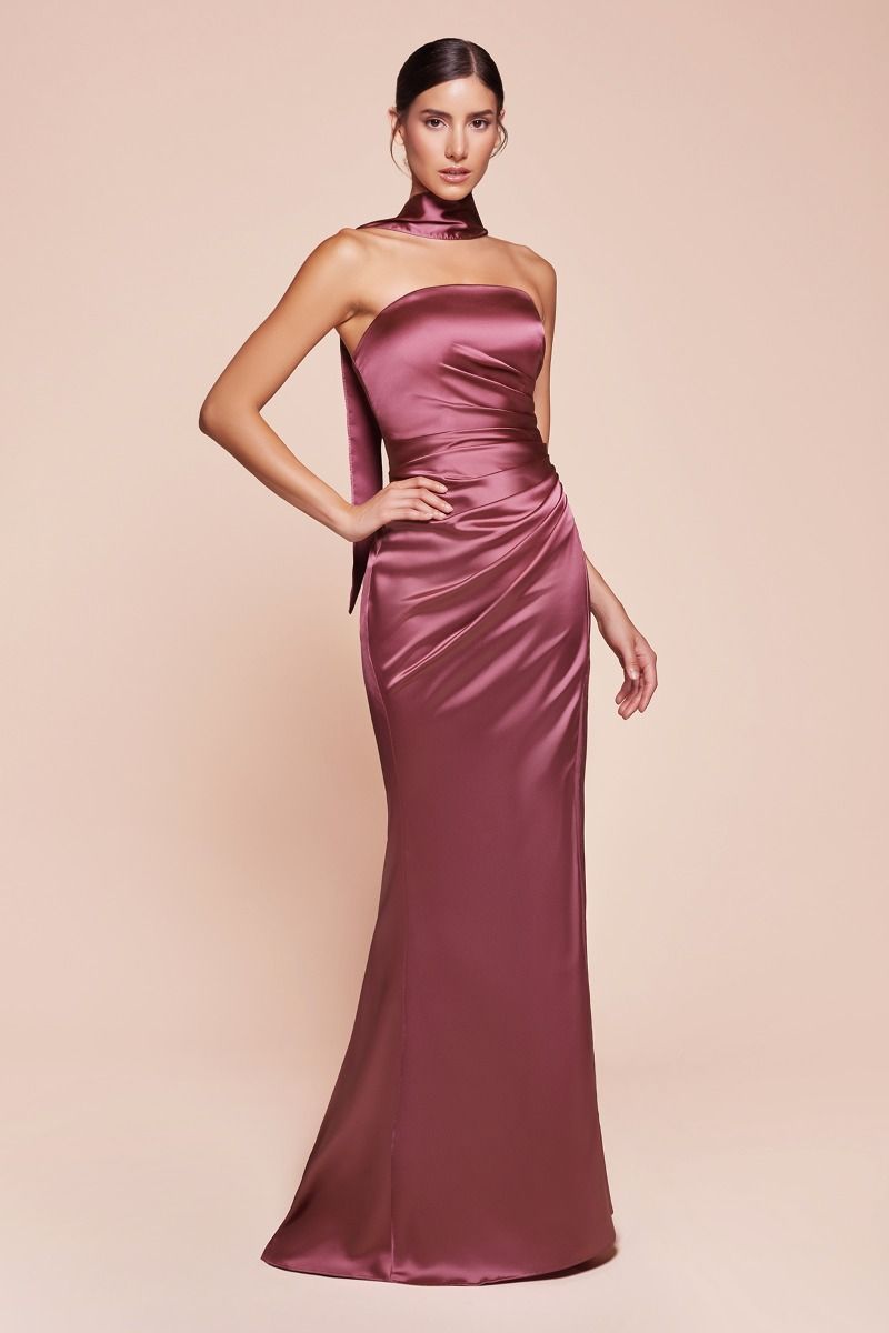 Nicolette Strapless Luxe Satin Gown with Sash - Mauve Rose Bridesmaid Dress for Weddings & Formal Events