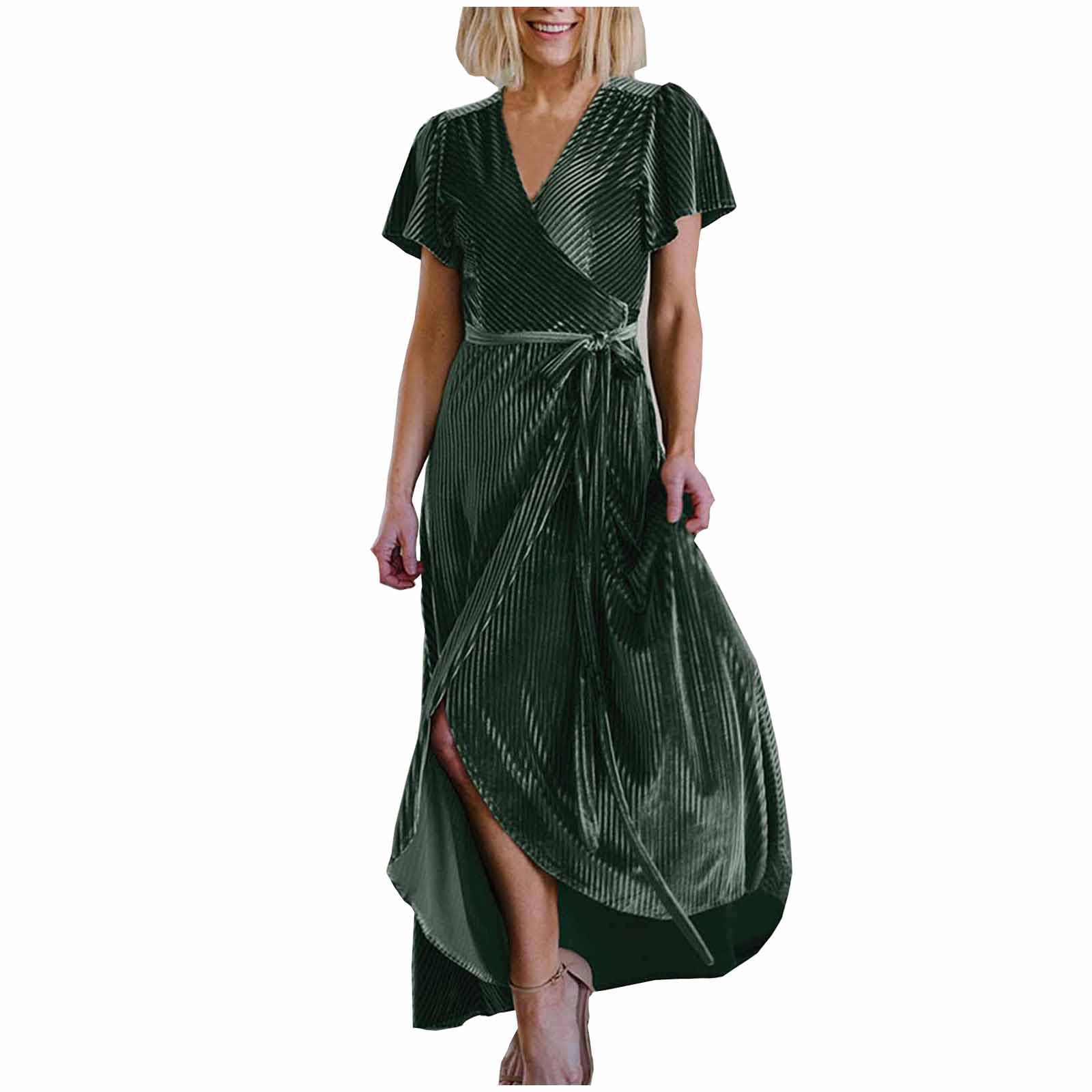 Elegant TIFZHADIAO Women's Wedding Guest Dress - Short Sleeve V-Neck Lace-Up Maxi Gown for Evening Parties & Formal Events | Perfect for Bridal Showers, Cocktail Receptions & Special Occasions