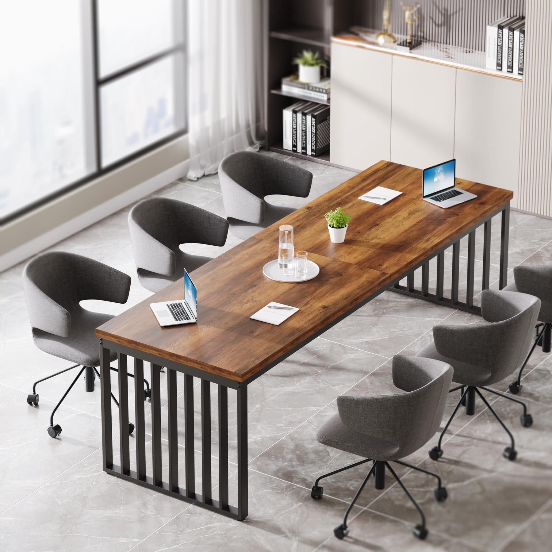 Tribesigns 6.56 ft Large Rectangle Conference Table - Industrial Style Meeting & Seminar Table for 6-8 People, Sturdy Business Desk for Office, Classroom or Home Workspace (Brown & Black, No Chairs Included) - Perfect for Team Meetings, Presentations & Collaborative Work