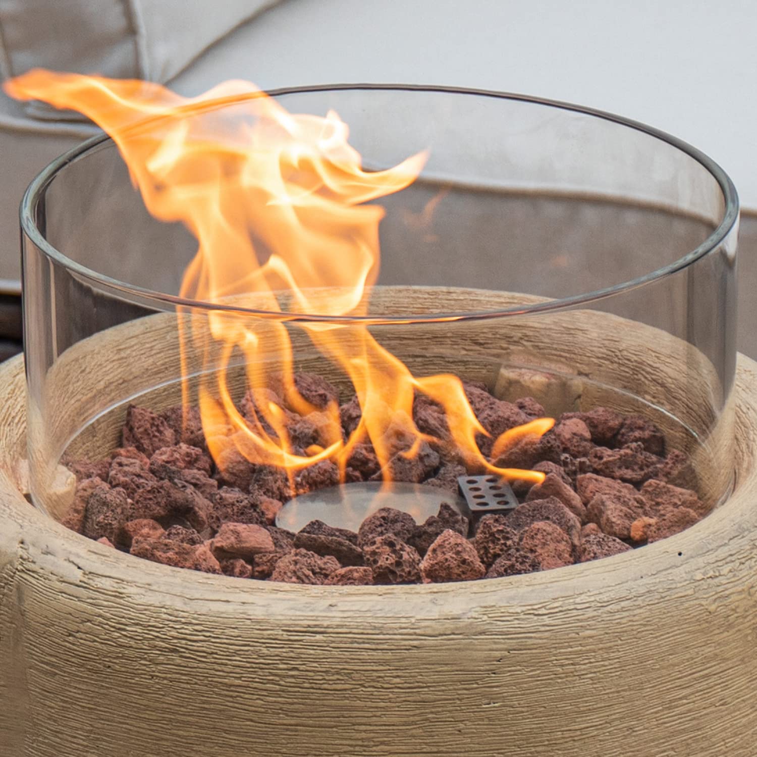 Outdoor Propane Fire Pit Table - 16-inch Round Graphite Base with Compact Ledgestone & Glass Wind Guard, 40,000 BTU - Includes Free Lava Rocks & Touch-up Pen - Fits Standard 20lb Tank - Perfect for Patio, Backyard, and Camping (Marzipan Color)