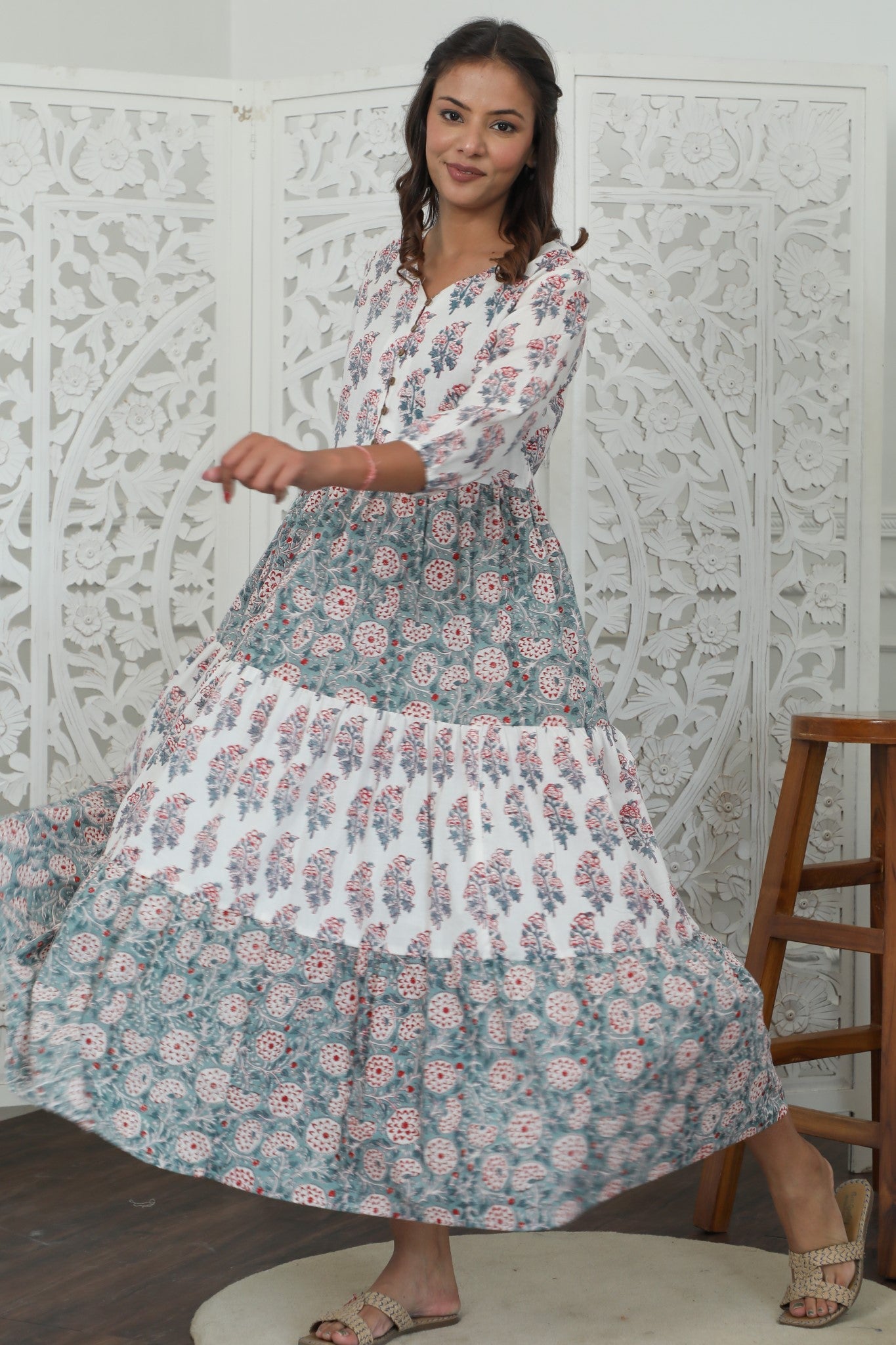 Garden Glory Azofree Handblock Printed Pure Cotton Dress - Eco-Friendly & Stylish Women's Summer Dress for Casual Outings & Beach Vacations