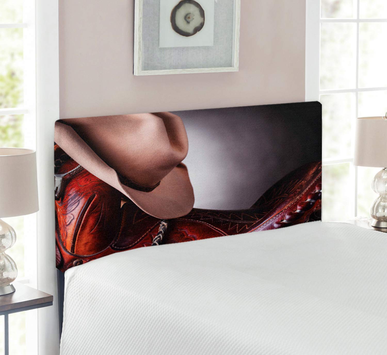 Ambesonne Western Headboard - Horse Saddle with Cowboy Hat Wild Texas Style Upholstered Metal Bed Frame with Memory Foam - Twin Size Brown Cream - Perfect for Cowboy Themed Bedrooms, Ranch Style Homes & Western Decor