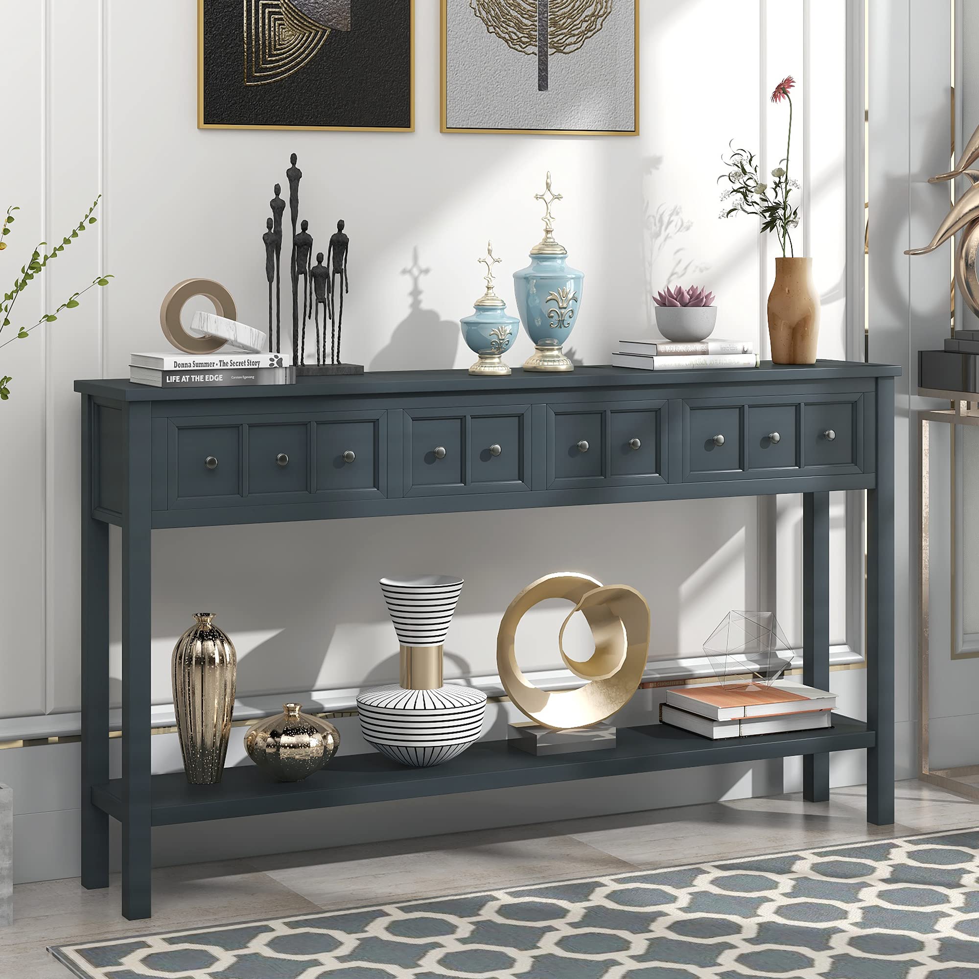 Distressed 4-Drawer Entryway Console Table with Open Shelf - Solid Wood Frame, 220lbs Capacity (60