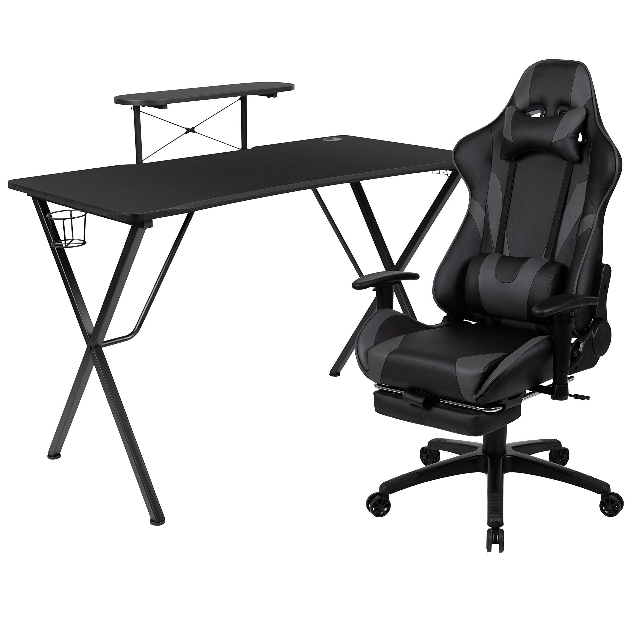 Flash Furniture Optis Black Gaming Desk with Cup Holder, Headphone Hook, Monitor Stand & Smartphone Stand - Gray Reclining Gaming Chair with Footrest - Perfect for Esports, Streaming & Home Office Setup