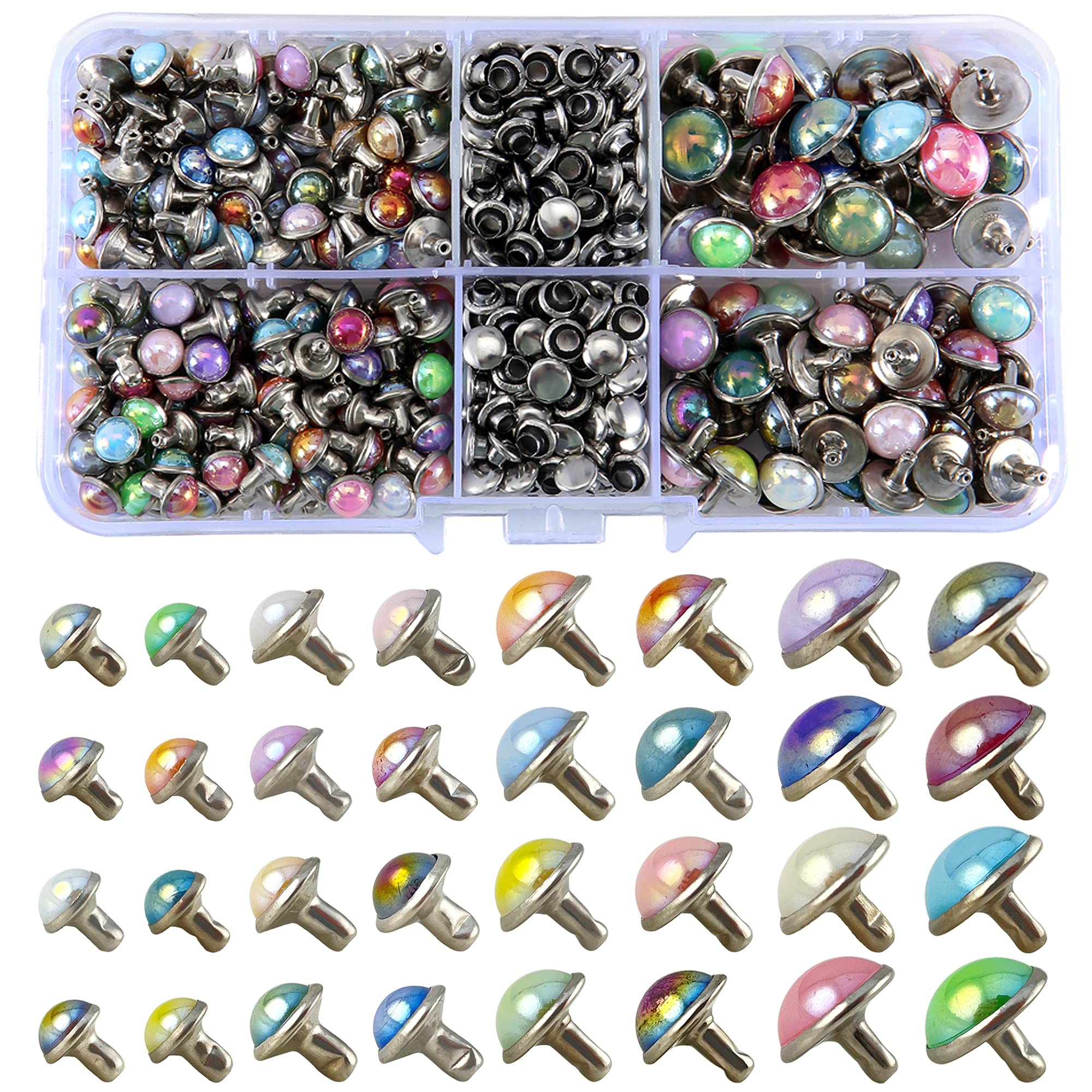 YORANYO 260 Sets Mixed Sizes Leather Rivets - AB Color Dome Studs for Clothing, Belts, Bags, Shoes, Dog Collars & Leather Crafts | DIY Fashion Accessories & Repair