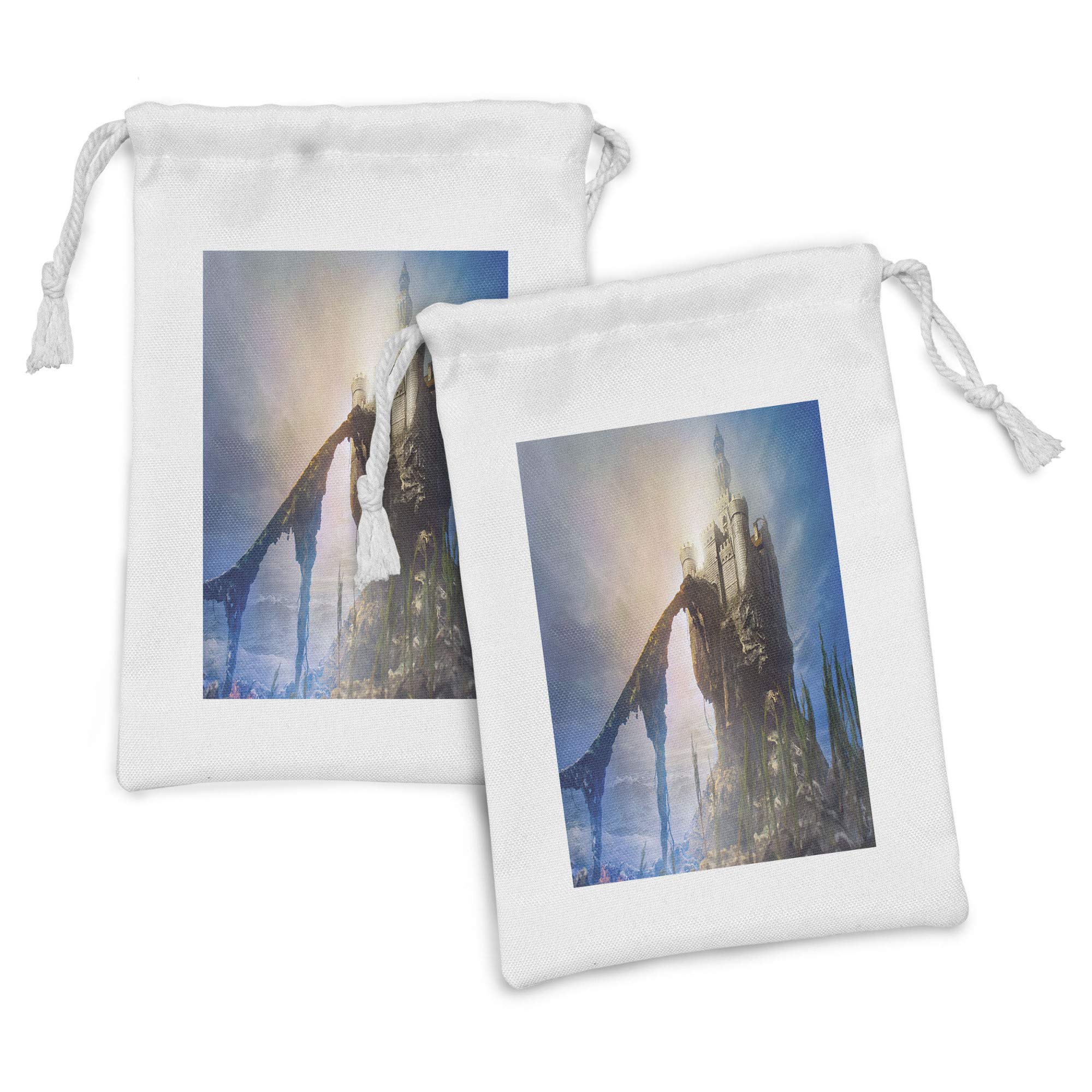 Ambesonne Medieval Fabric Pouch Set of 2 - Old Castle Hill Design, Small Drawstring Bags for Toiletries, Masks & Favors (9
