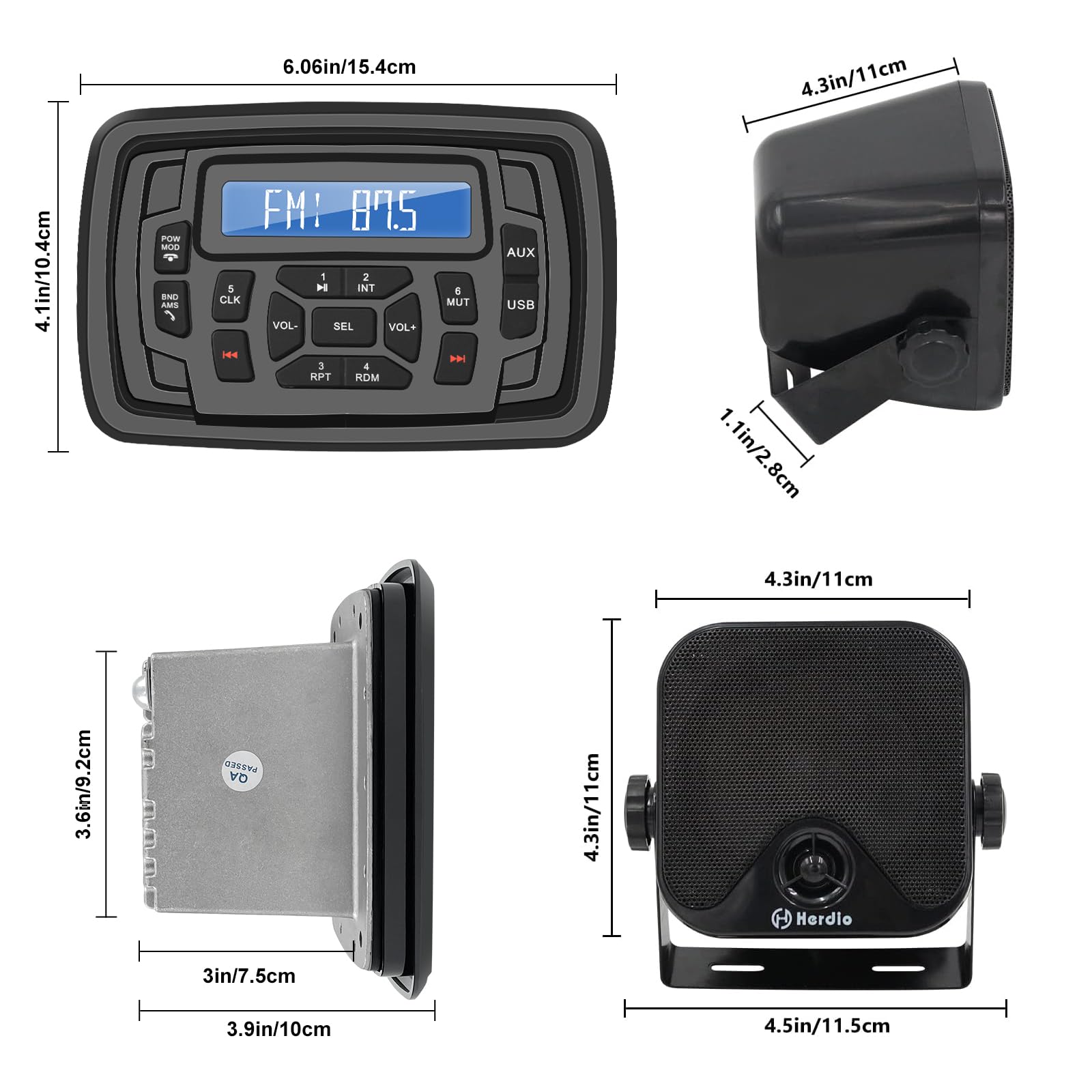 Herdio Marine Bluetooth Radio System with AM/FM Stereo Receiver, 4