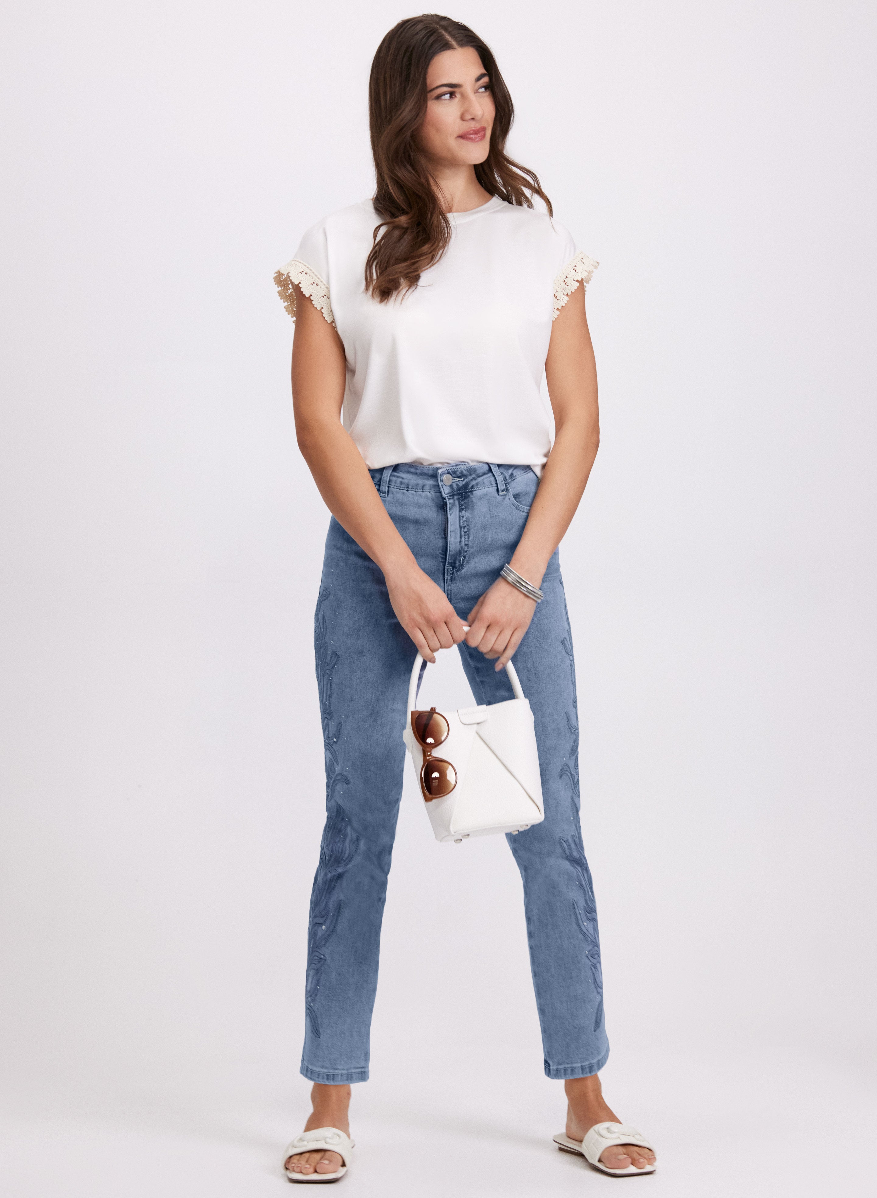 Embroidered Straight Leg Jeans for Women - High Waist Denim Pants with Floral Design | Perfect for Casual Wear, Office & Date Nights