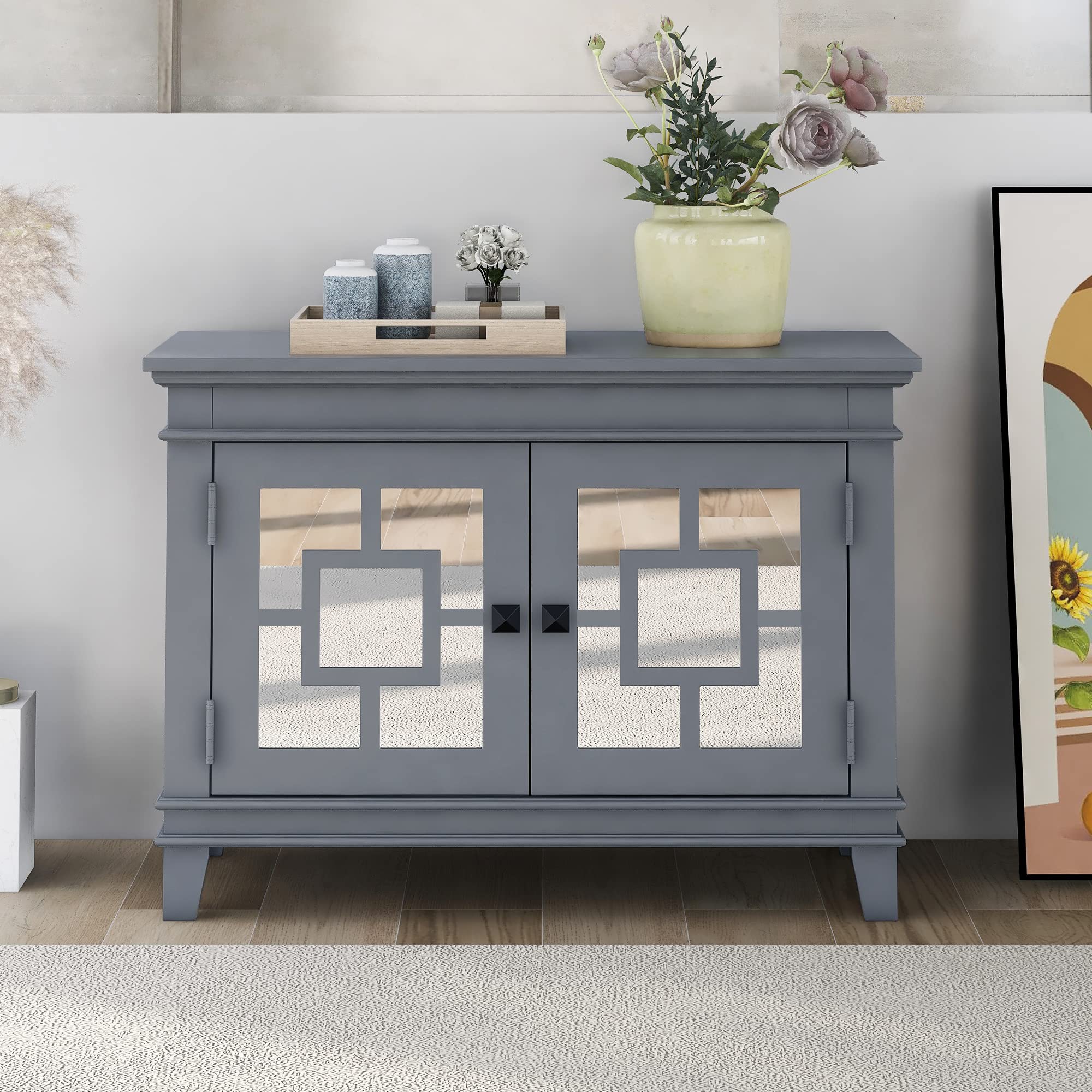 HomVent Gray Accent Storage Cabinet with Decorative Mirror - 2 Mirrored Doors Wooden Buffet & Sideboard Console Table - Entryway, Living Room, Bedroom Storage Solution - Perfect for Home Decor, Organization & Display