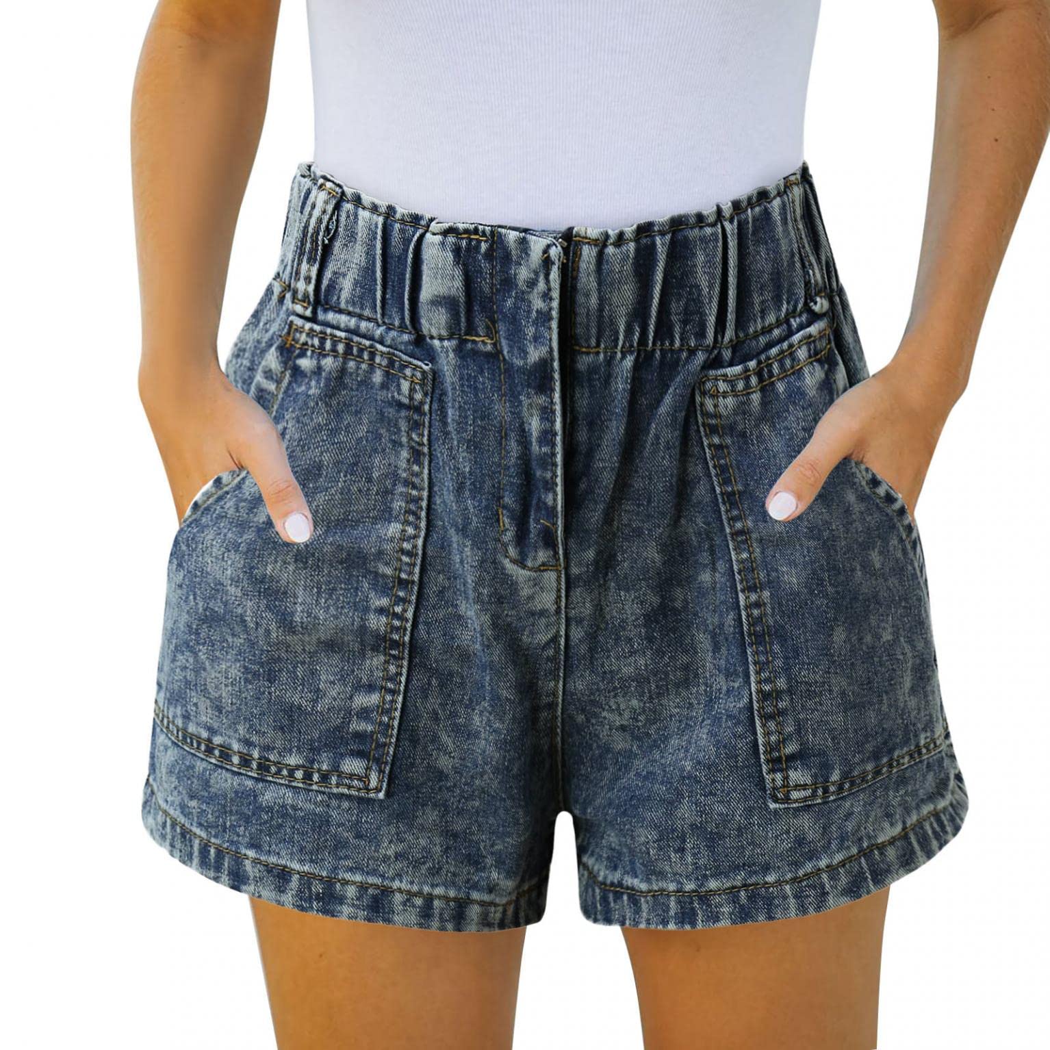 MASZONE Women's High Waisted Stretchy Denim Shorts with Frayed Raw Hem & Pockets - Comfortable Summer Jean Shorts for Casual Wear, Beach, and Outfits