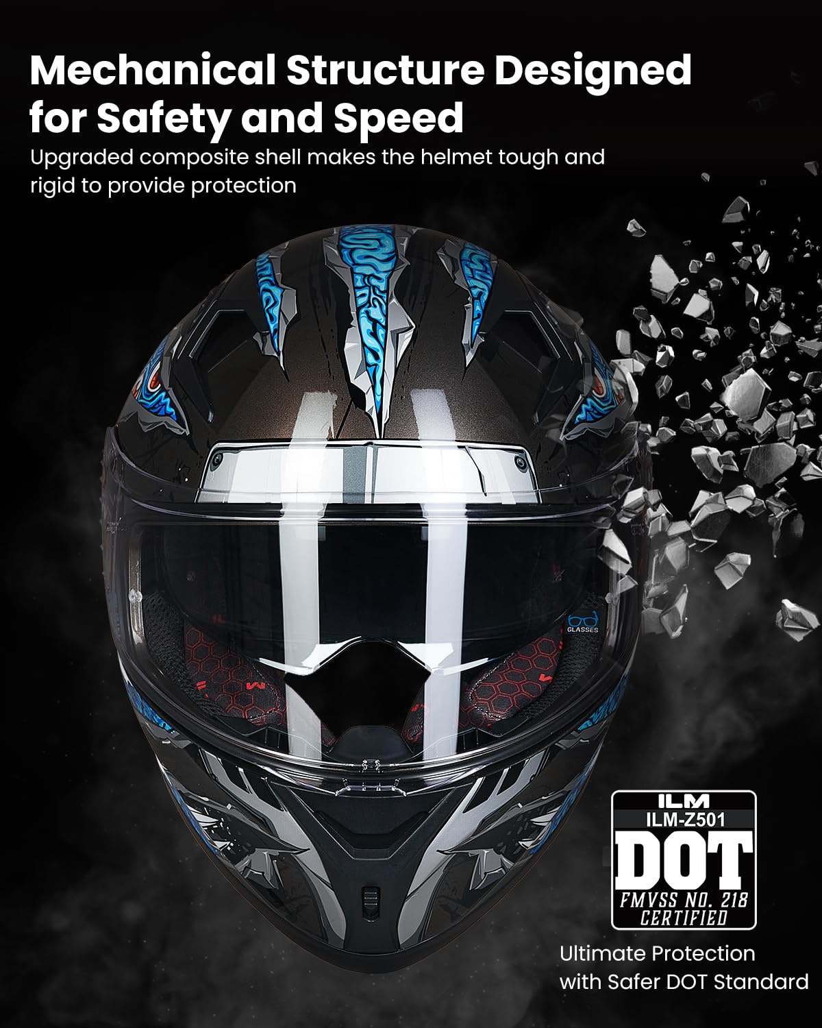 DOT Approved ILM Z501 Full Face Motorcycle Helmet with Pinlock Compatible Clear & Tinted Visors - Street Bike & Motocross Safety Gear for Men & Women | Perfect for Commuting, Racing and Off-Road Adventures