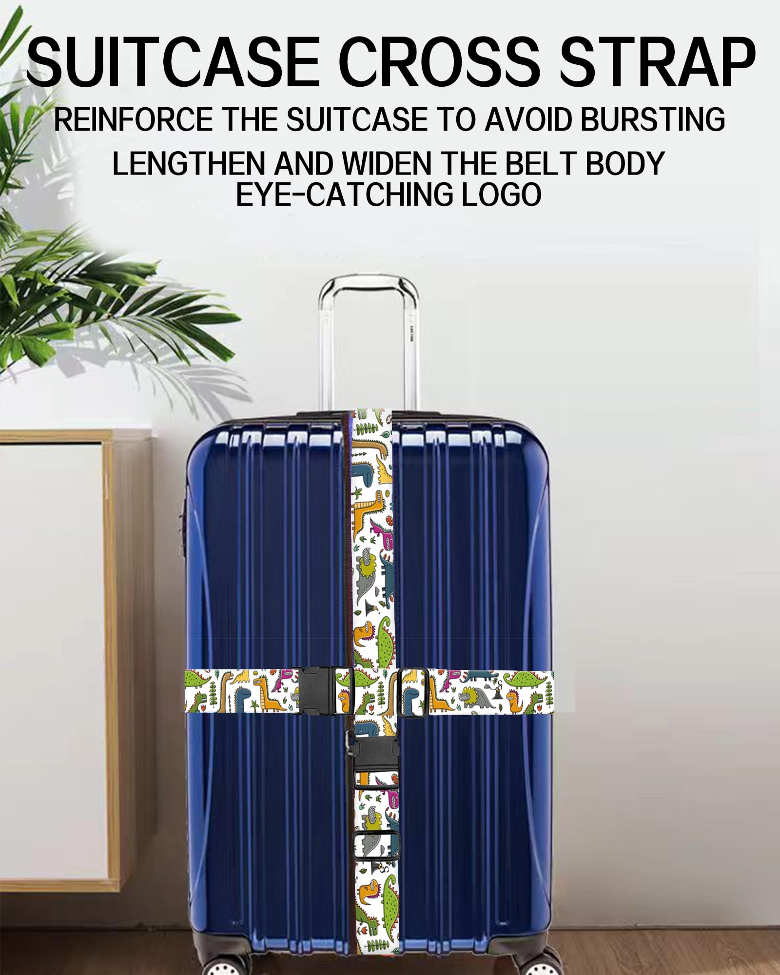 Durable Adjustable Luggage Straps for Suitcases - Wide Travel Belt with Secure Buckle, Cute Dinosaur Design Suitcase Identifier - Perfect for Air Travel, Vacation & Luggage Organization