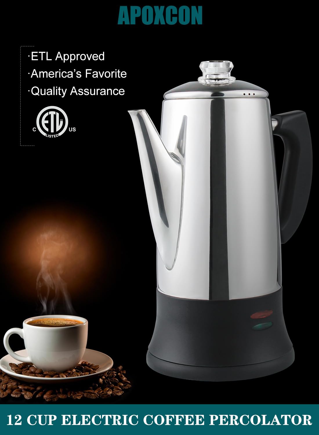 12 Cup Electric Coffee Percolator - ETL Approved Stainless Steel Coffee Maker with Heat-Resistant Glass Knob | Classic Cordless Design for Home, Office & Camping Use