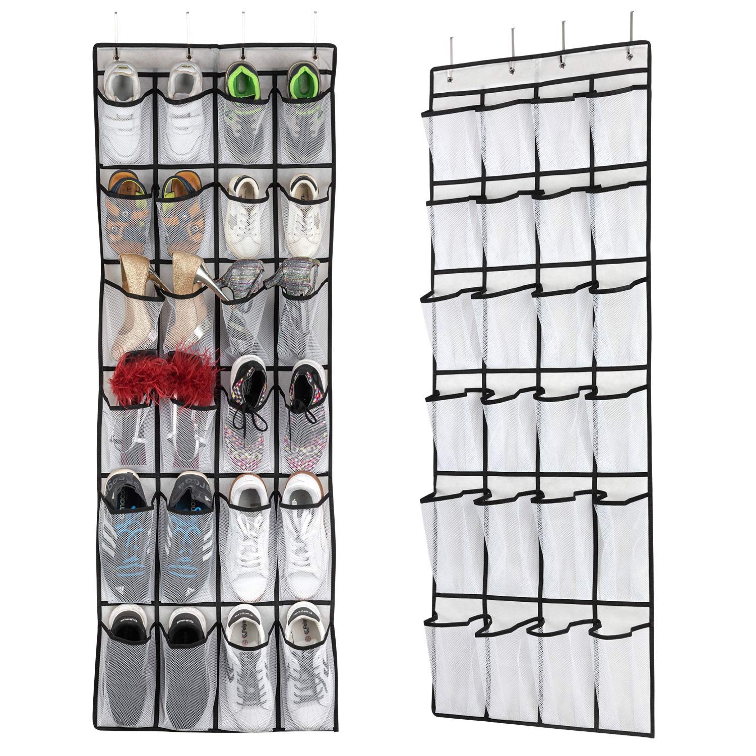 24-Pocket Over The Door Hanging Shoe Organizer - 58x21 Inch Mesh Shoe Rack for Men, Women & Kids - Space Saving Closet Storage Solution (White, 2-Pack) - Perfect for Bedrooms, Closets, Dorm Rooms & Small Spaces