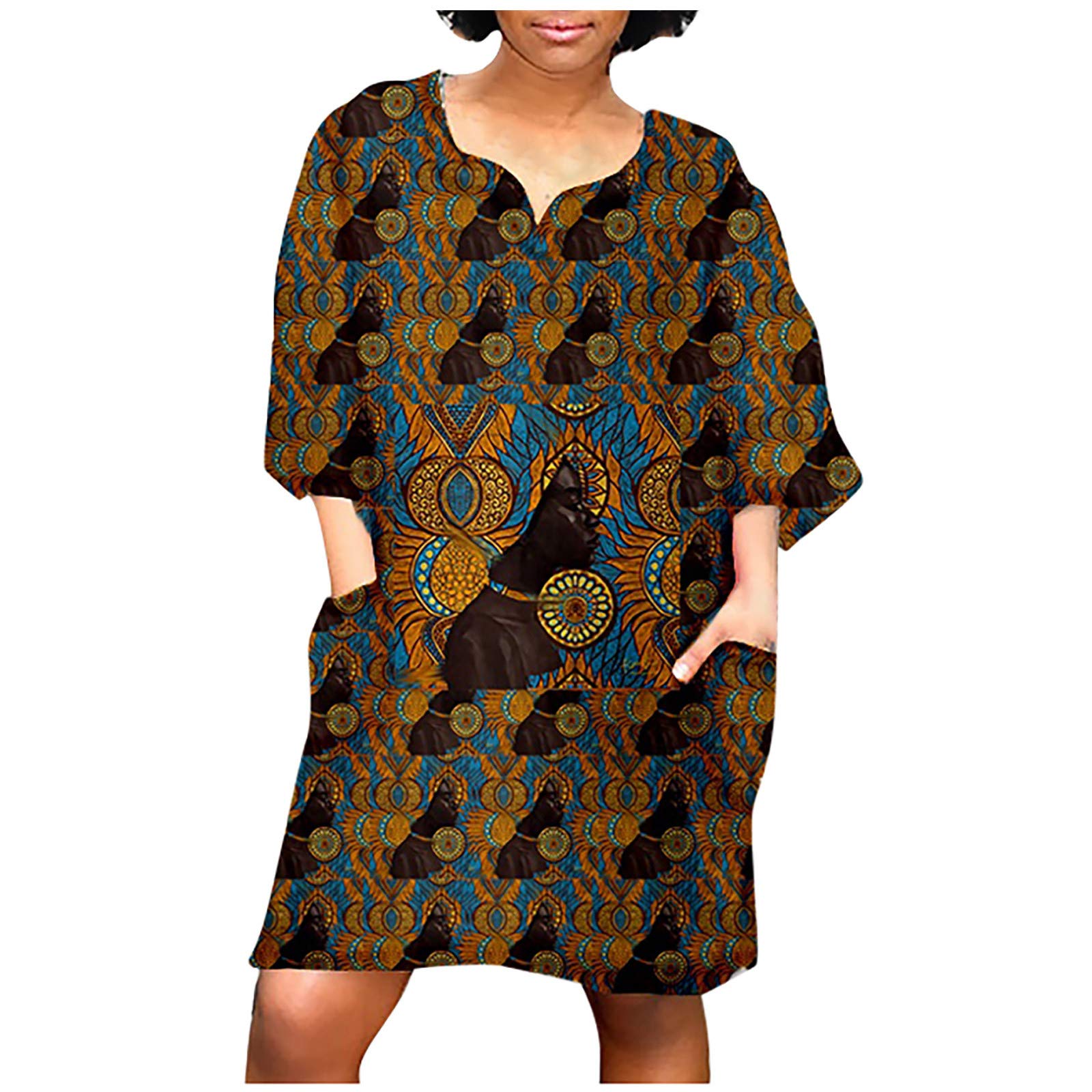 Women's High Neck Vintage Print Mini Dress - African Fashion Casual V-Neck Midi Sleeve Dress for Party, Date Night & Summer Outfits