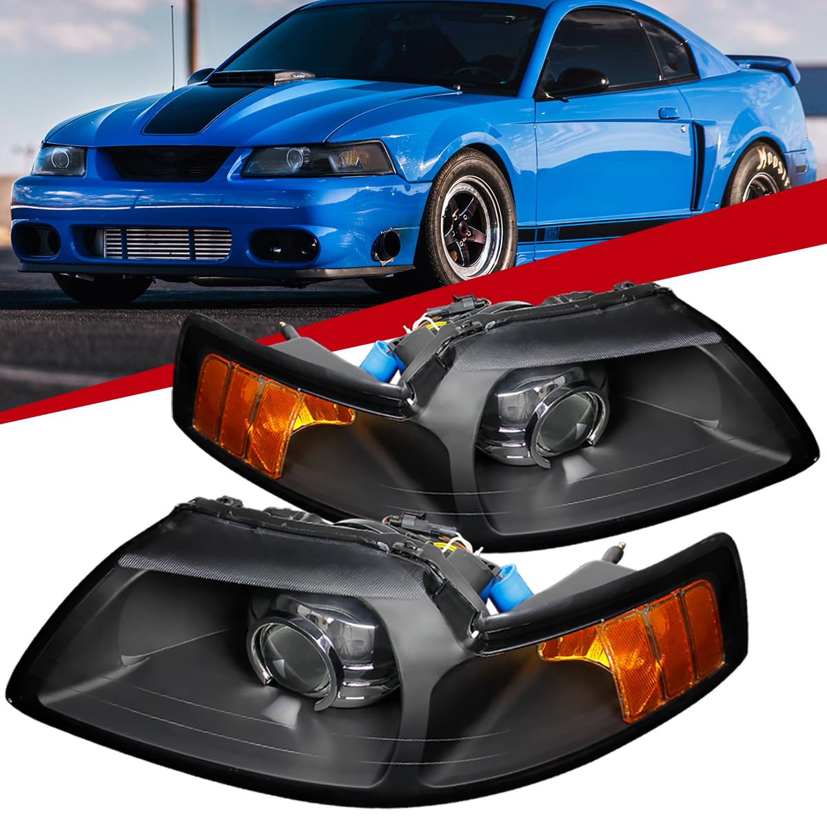 99-04 Ford Mustang Black Retrofit Projector Headlights - High Performance LED Headlamps Pair for Improved Night Driving & Style Upgrade