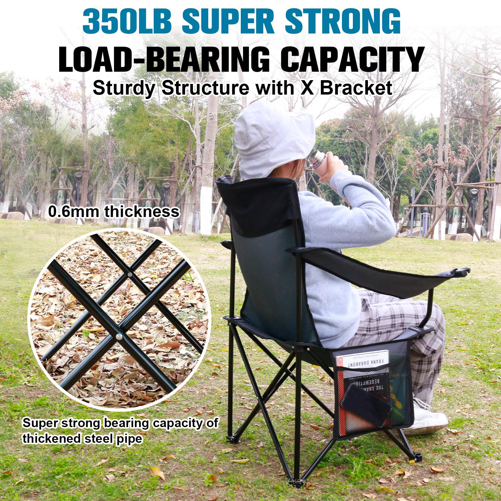 Portable Folding Camping Chair with Side Pocket & Cup Holder - Lightweight Foldable Outdoor Chair for Camping, Hiking, Beach, Picnics, Fishing, Backyard - Compact Travel Chair with Wine Glass Holder & Carry Bag - Perfect for Outdoor Adventures, Tailgating and Relaxing in Nature