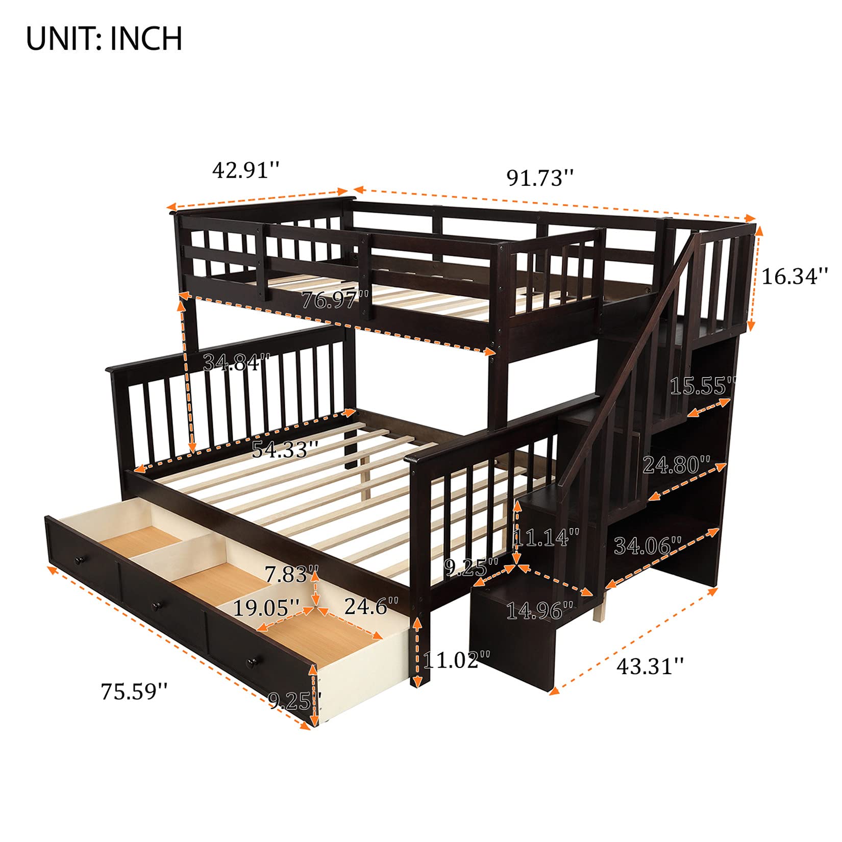 Twin Over Full Bunk Bed with Stairs & Storage - Wooden Frame for Kids Teens - Perfect for Small Bedrooms & Shared Spaces