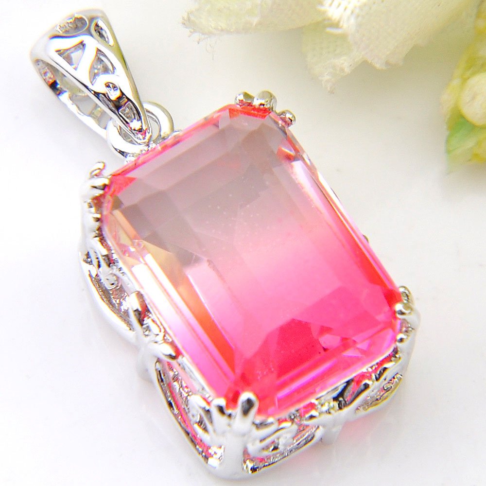 Silver Rectangle Fire Bi-Colored Tourmaline Pendant Necklace for Women - Elegant Jewelry Gift for Birthday, Anniversary & Special Occasions