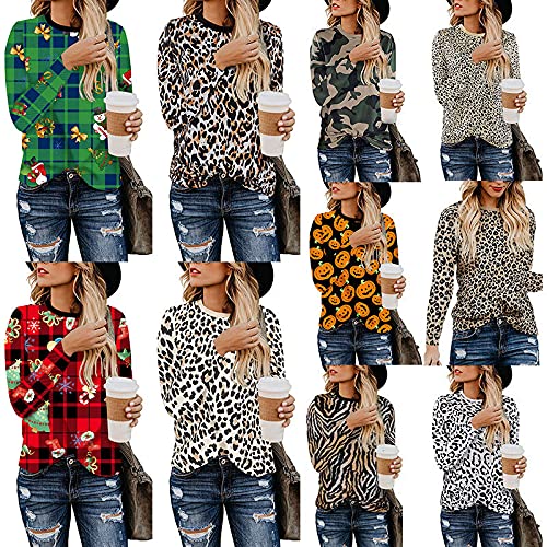 Andongnywell Women's Leopard Print Long Sleeve Round Neck Casual T-Shirt Blouse - Stylish Pullover Top for Work, Date Night & Everyday Wear
