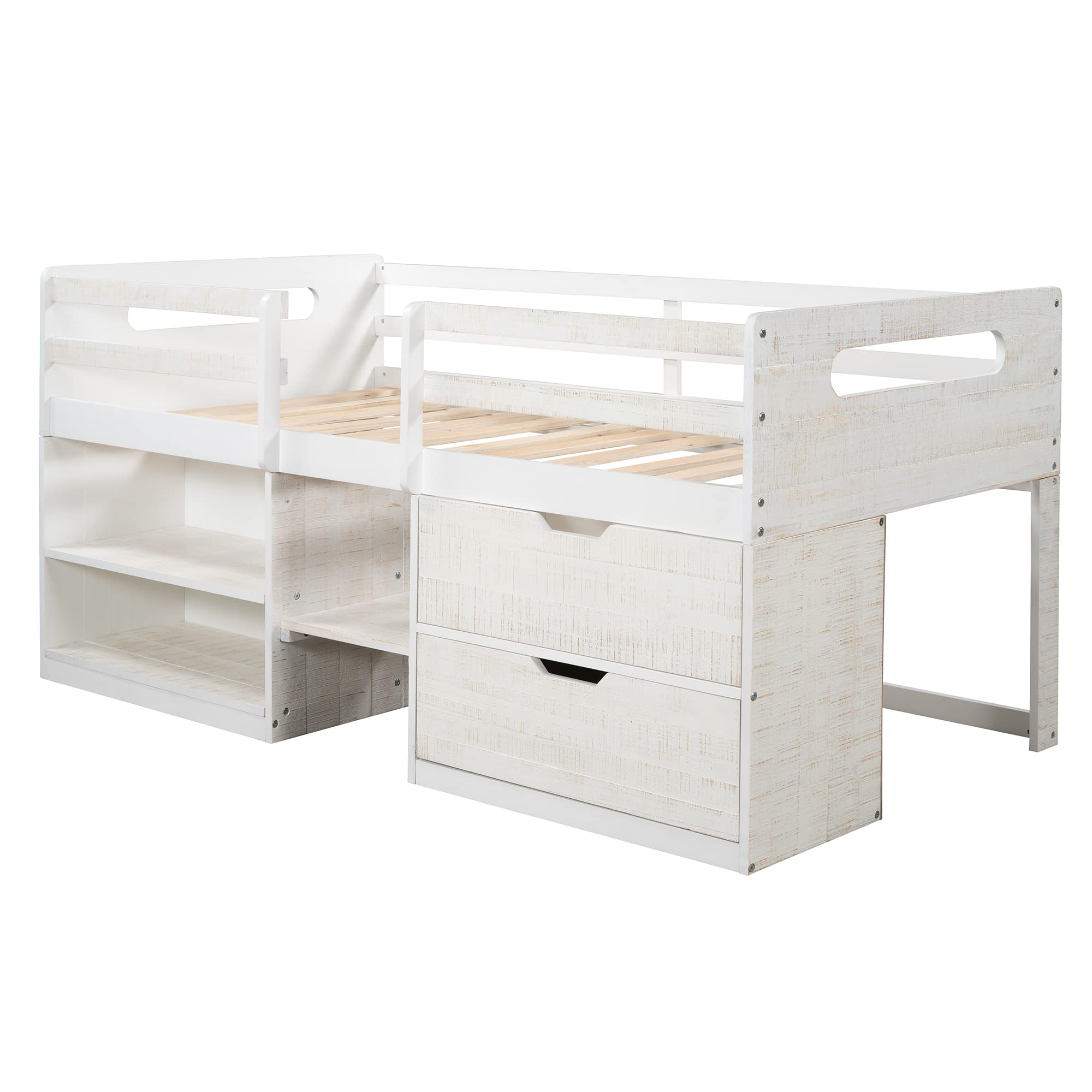 Harper & Bright Designs Twin Loft Bed with Storage Drawers & Shelves - Wooden Low Loft Bed for Kids & Teens - No Box Spring Needed - Antique White - Perfect for Small Bedrooms, Dorm Rooms & Space-Saving Kids' Rooms