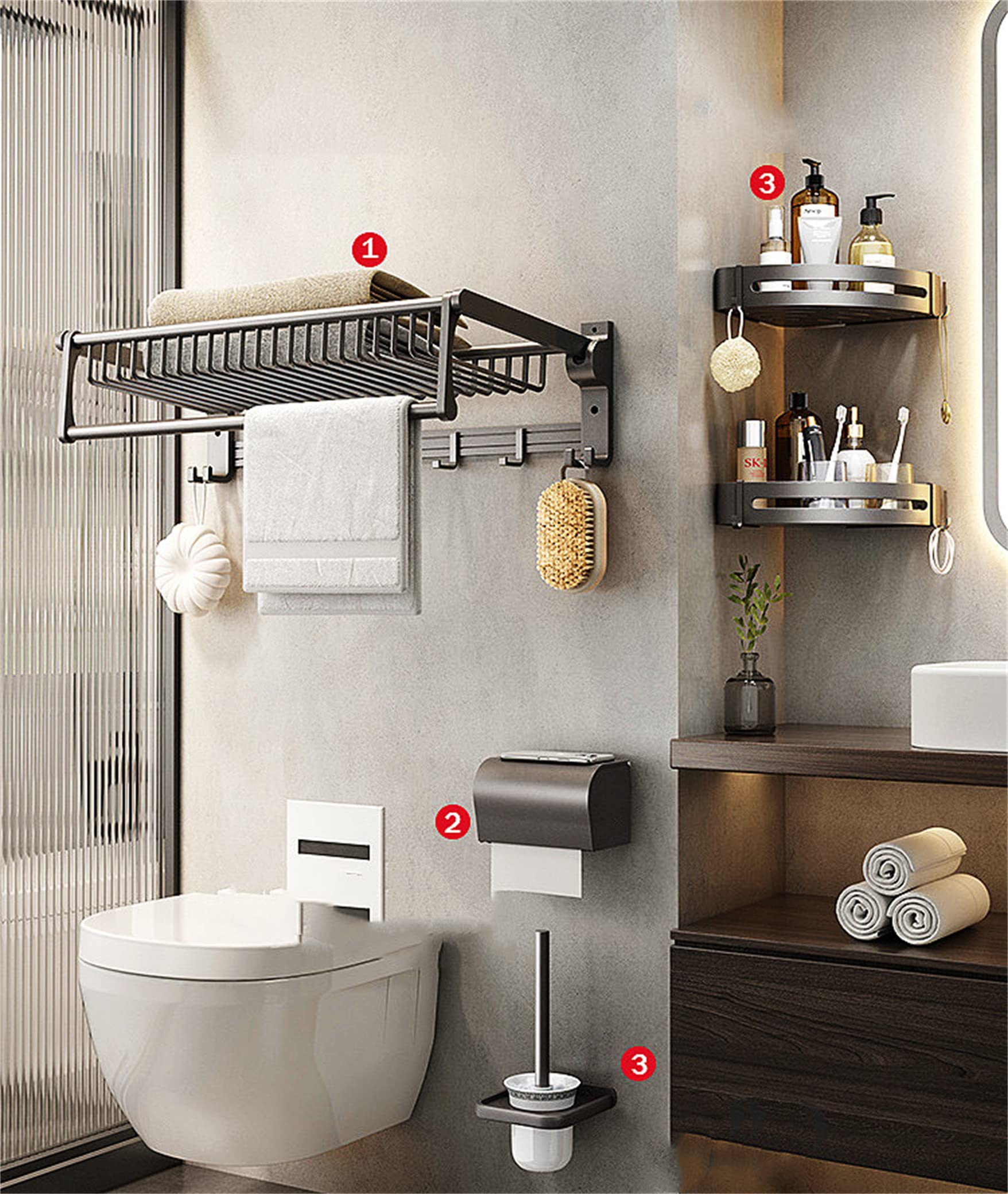 KK5 4-Piece Foldable Bathroom Towel Rack Set with Towel Bar & 9 Hooks - Space Saving Aluminum Wall Mounted Organizer for Shower, Bathroom & Kitchen - Perfect for Towels, Robes & Shower Accessories Storage