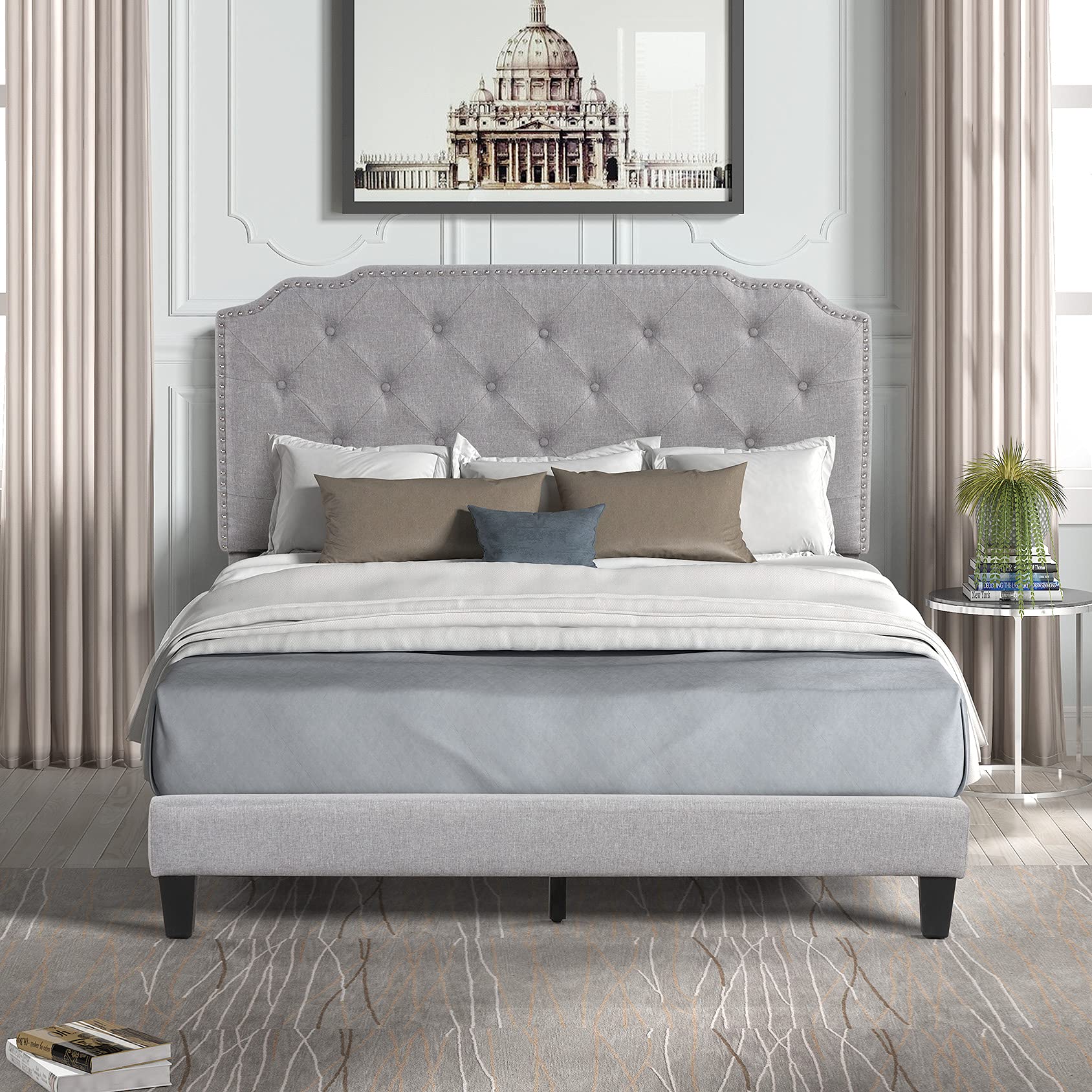 Queen Size Bed Frame with Upholstered Headboard - Modern Tufted Platform Bed with Wood Slats, No Box Spring Needed, Easy Assembly (Light Gray) - Perfect for Master Bedrooms, Guest Rooms & Small Spaces