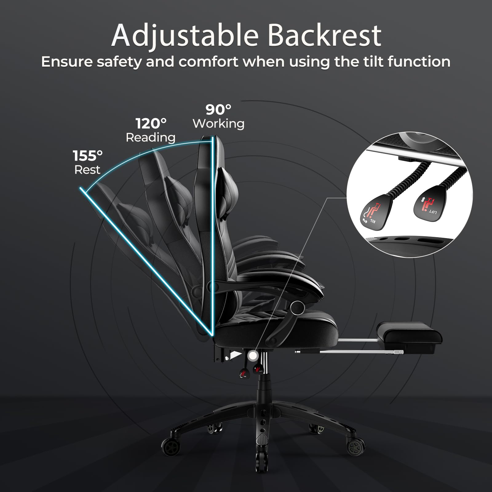 POWERSTONE Ergonomic Gaming Chair - Adjustable Racing Style PU Leather Computer Chair with Lumbar Support & Footrest - Black - Perfect for Esports, Office Work & Home Gaming Setup