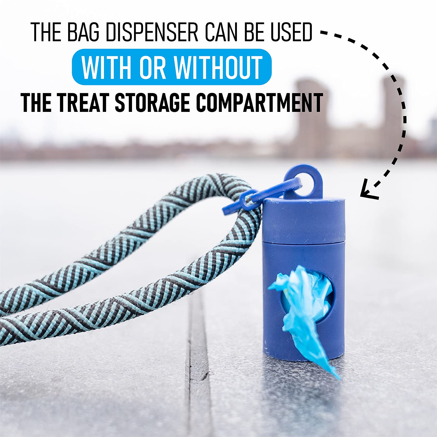 2 in 1 Dog Leash Treat Holder & Poop Bag Dispenser (Blue) - Convenient Waste Management System with 15 Eco-Friendly Extra Strength Bags - Perfect for Walking, Training, and Outdoor Adventures with Your Dog