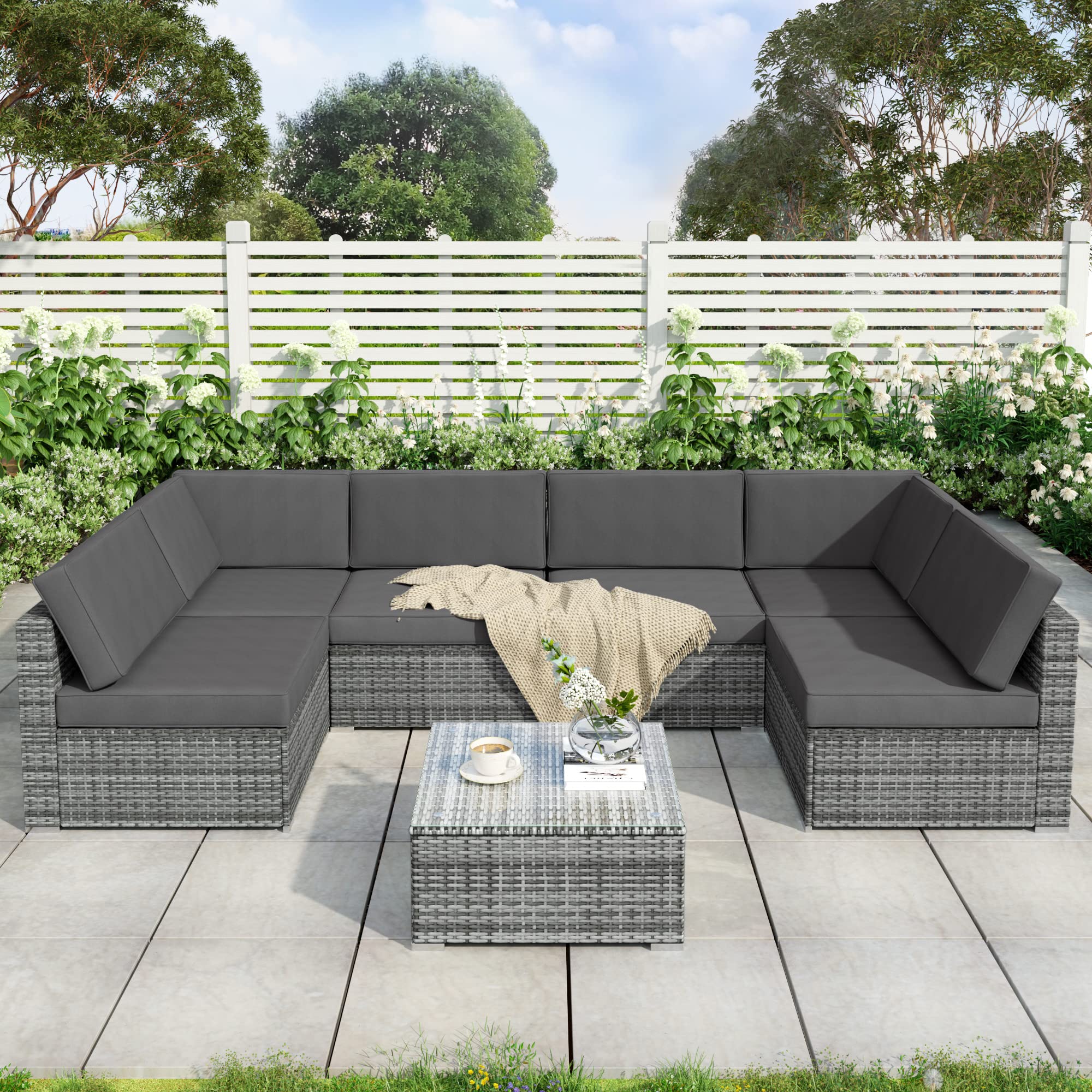 7-Piece All-Weather Wicker Patio Furniture Set - Outdoor Rattan Sectional Sofa with Glass Coffee Table, 6 Chairs & Washable Cushions - Perfect for Backyard, Garden, Poolside & Patio Relaxation
