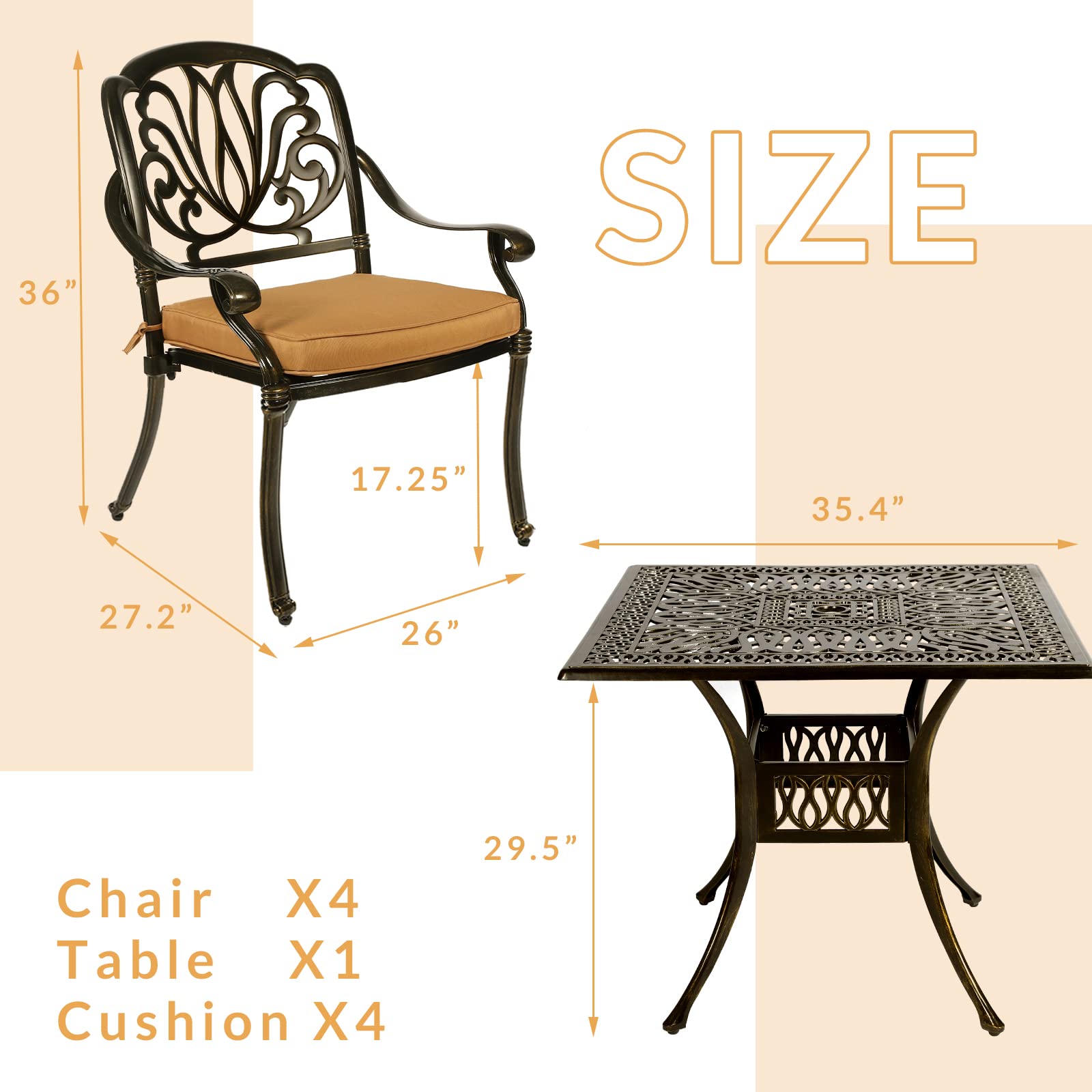 5-Piece All-Weather Outdoor Patio Dining Set - Cast Aluminum Garden Furniture with 4 Chairs, Cushions & 35.4