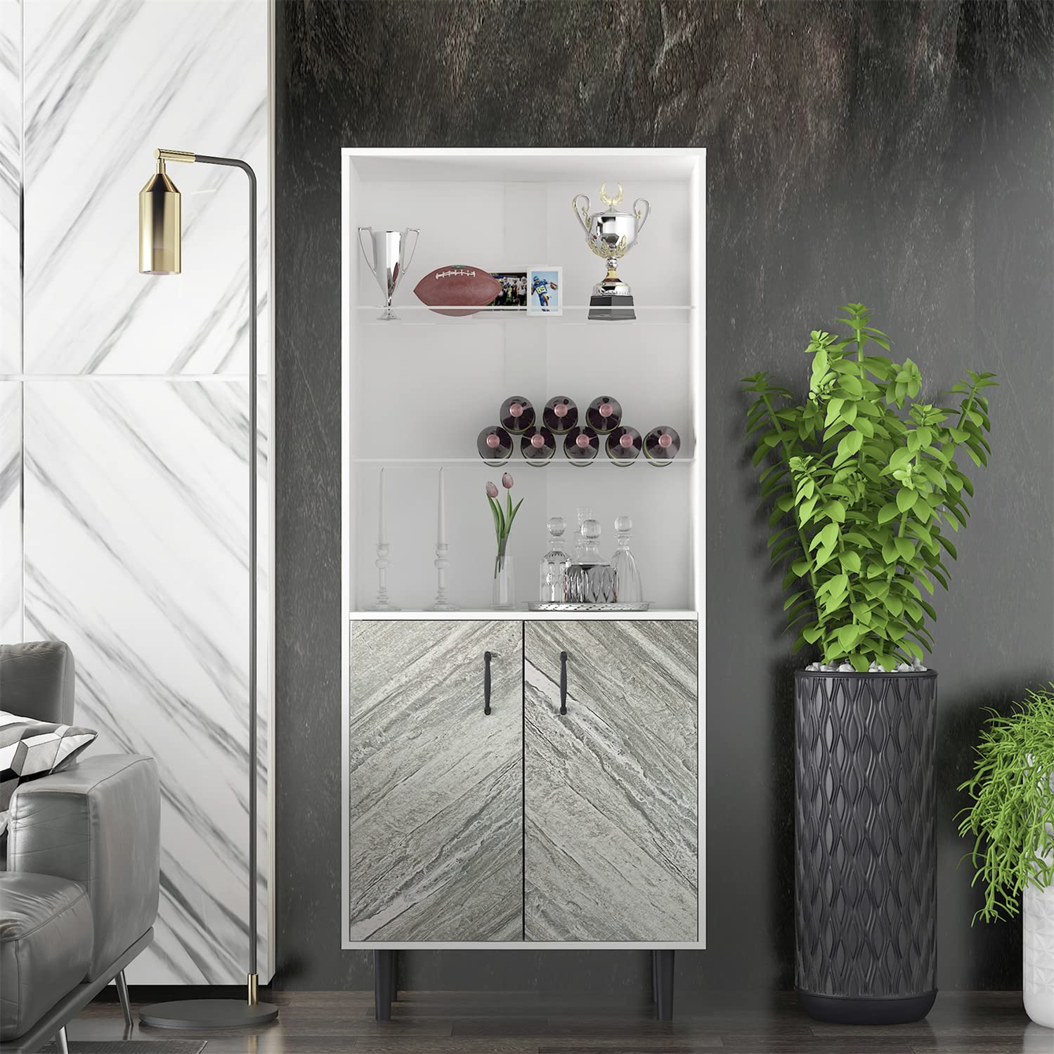 Modern White Accent Storage Cabinet with 2 Doors & 3 Shelves - Freestanding Buffet Sideboard for Entryway, Living Room, Office & Bedroom - Space-Saving Organizer with Metal Handles for Home Decor & Storage Solutions